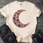Burgundy Linocut Floral Crescent Moon T-Shirt
