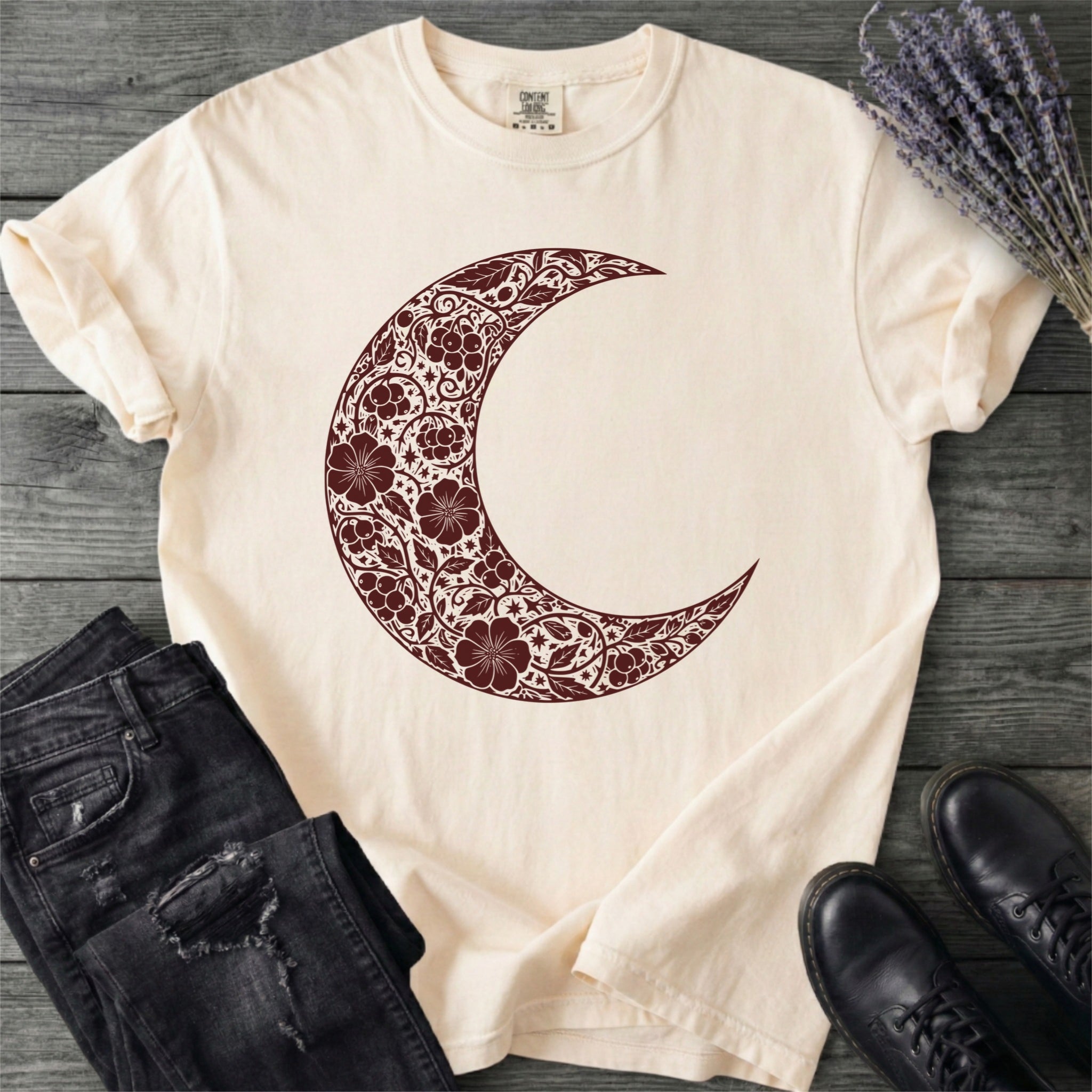 Burgundy Linocut Floral Crescent Moon T-Shirt