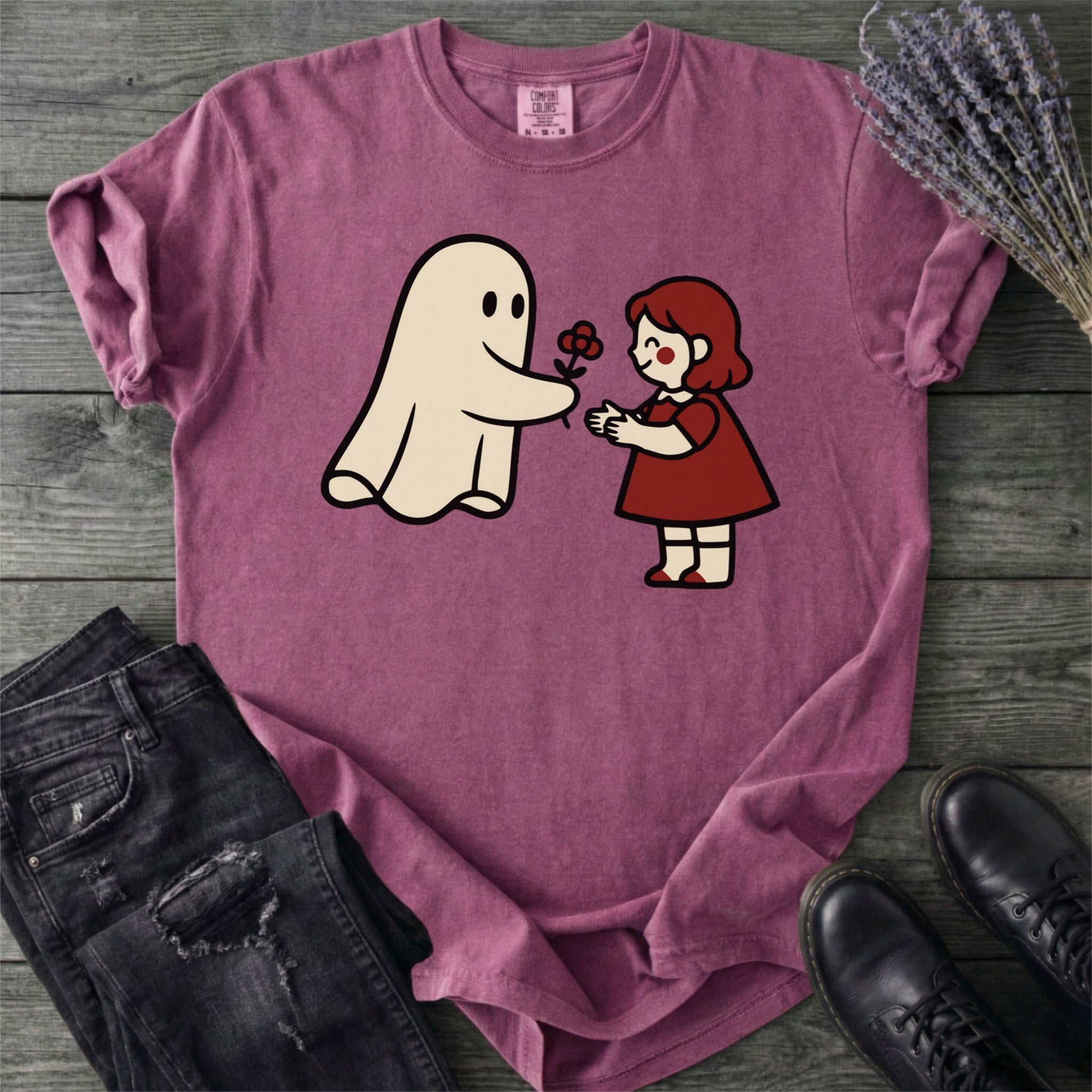 Ghost Giving Girl Flower T-Shirt