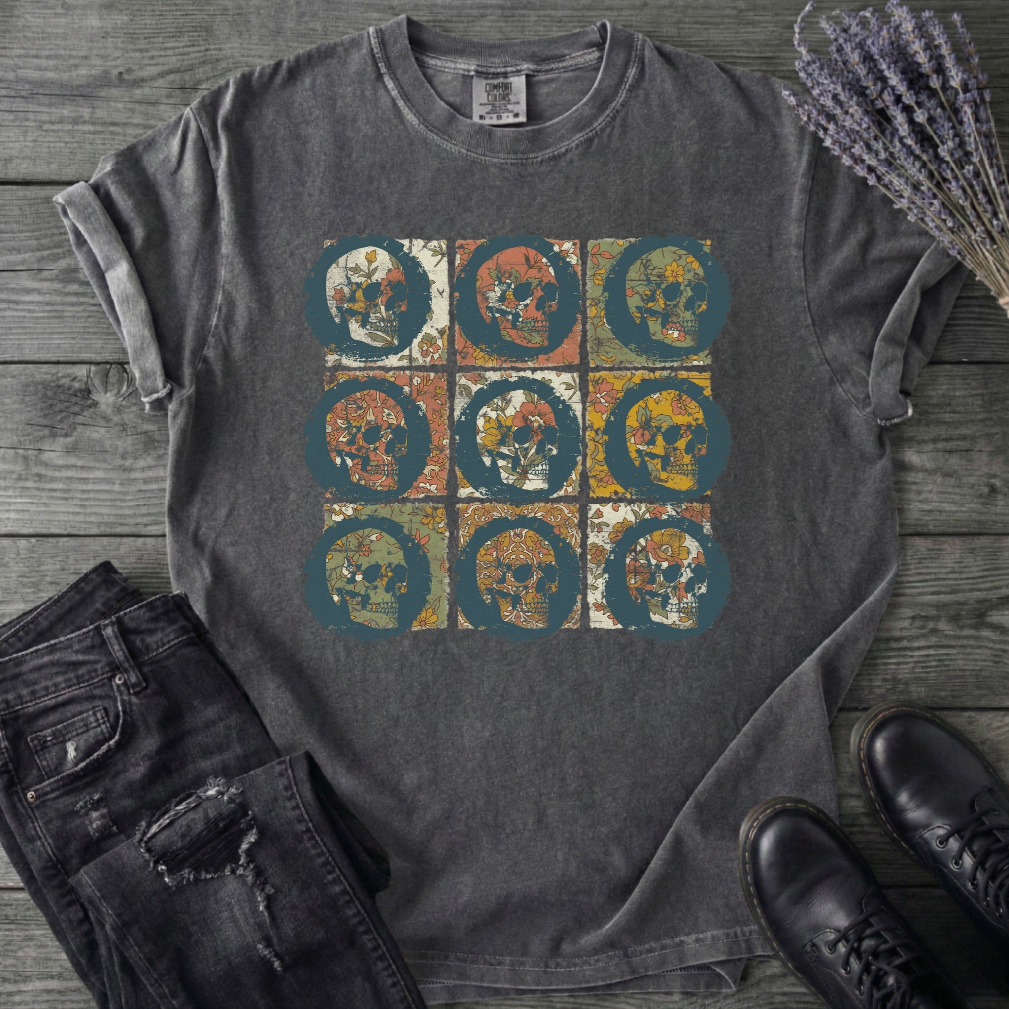 Grunge Skull Floral Grid T-Shirt