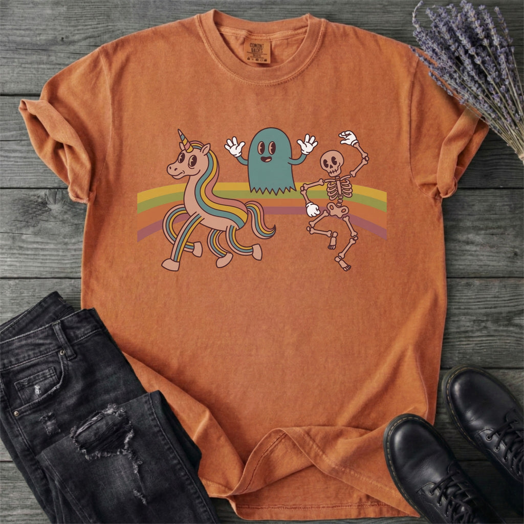 Retro Rainbow Unicorn Ghost Skeleton T-Shirt