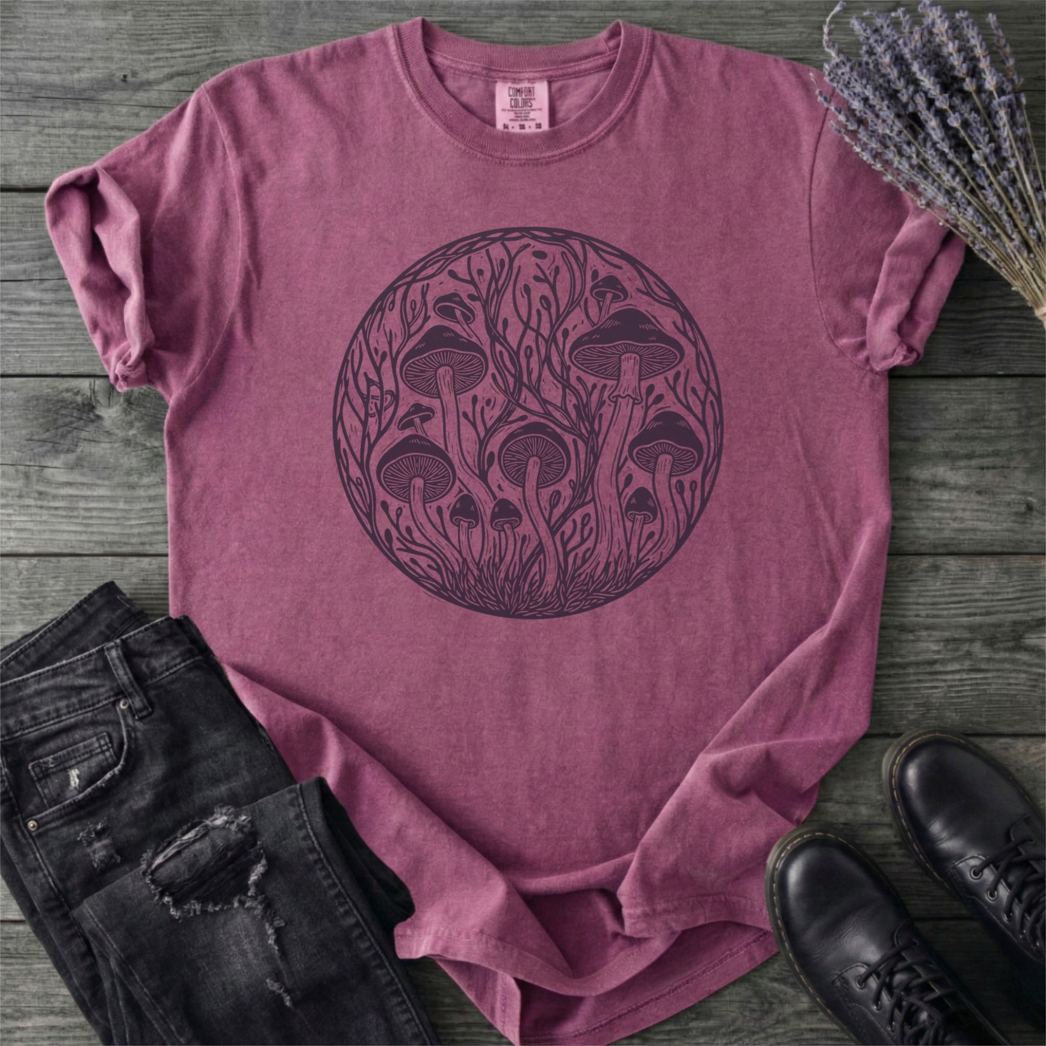 Linocut Mushroom Circle T-Shirt