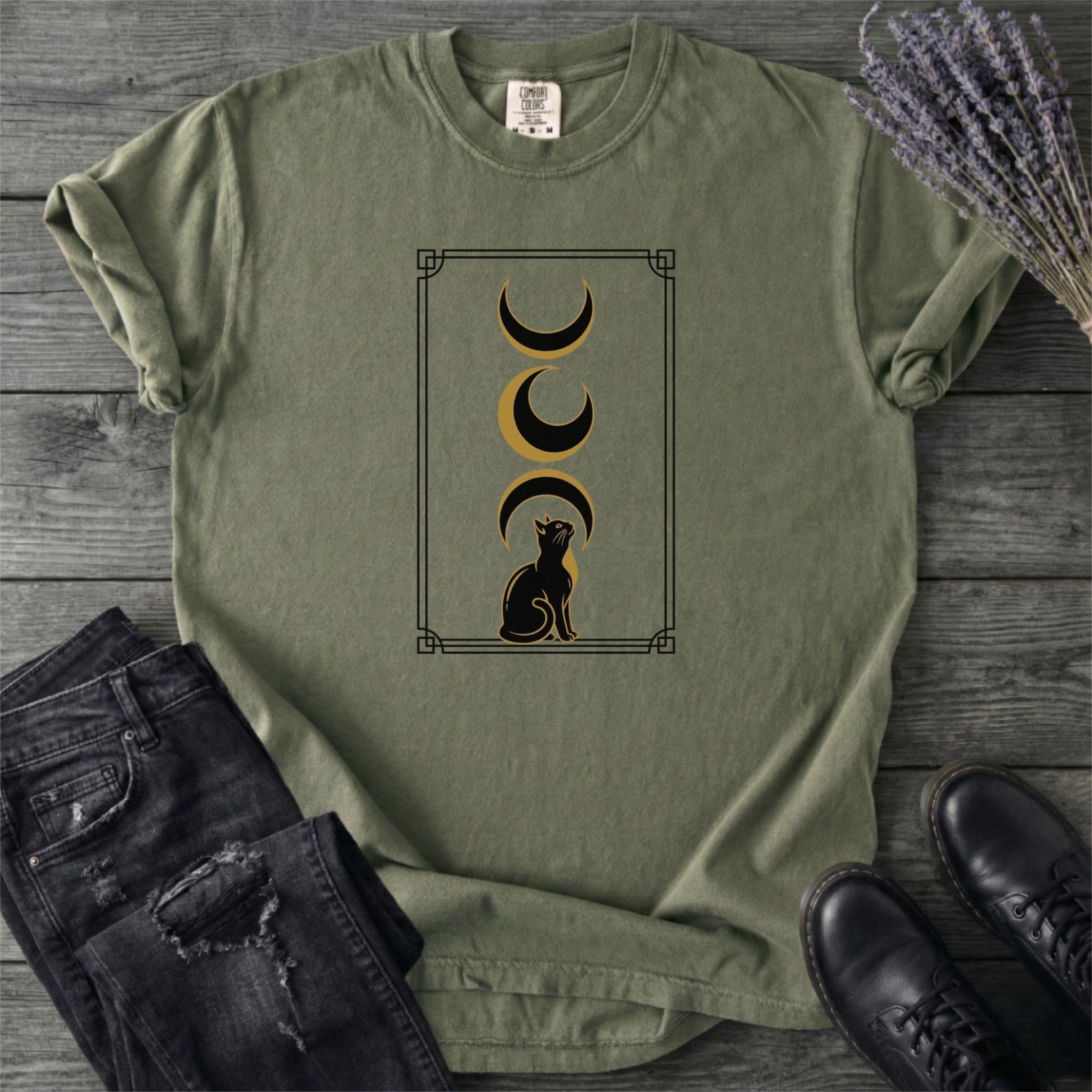 Art Deco Black Cat Moon Phases T-Shirt