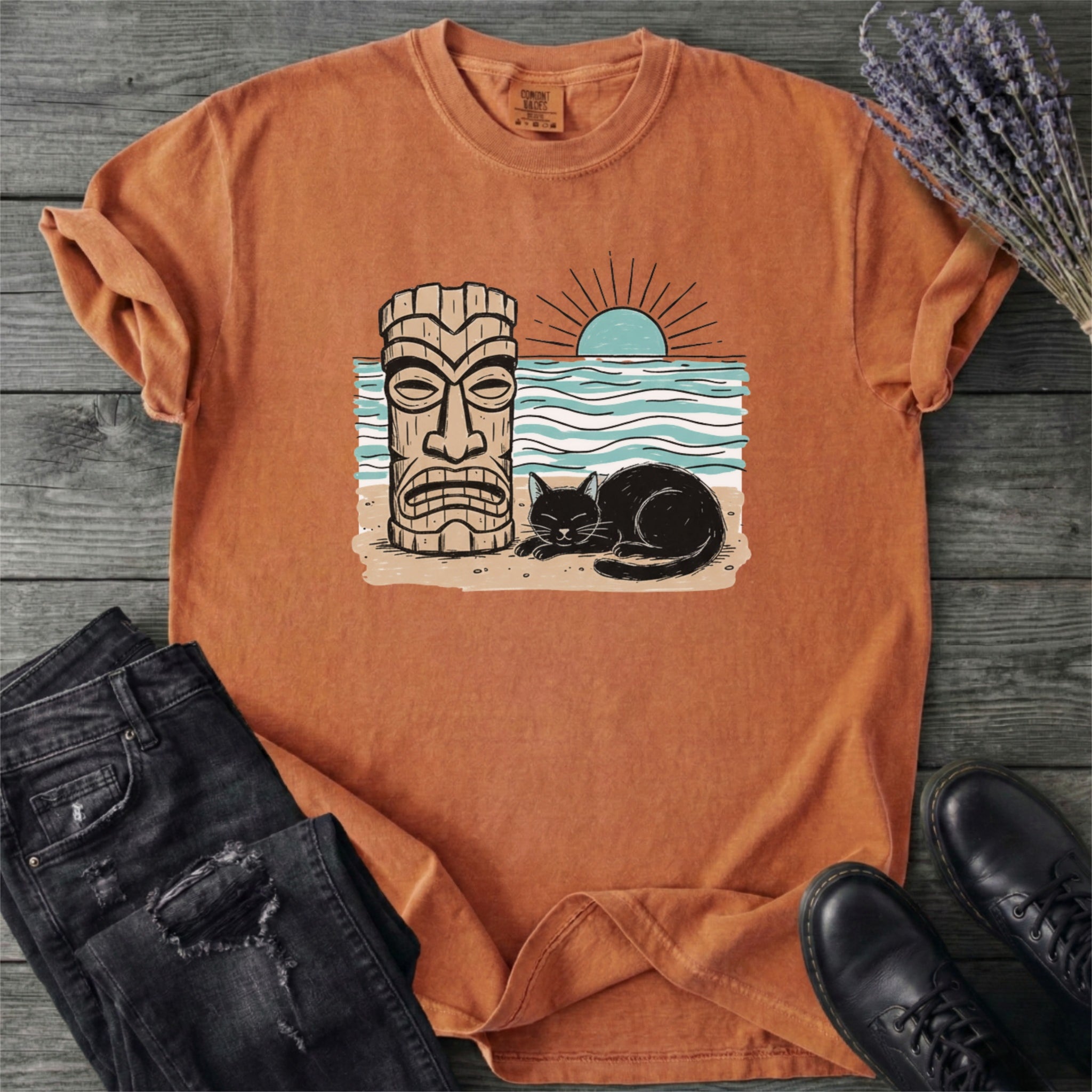 Black Cat Tiki Beach T-Shirt