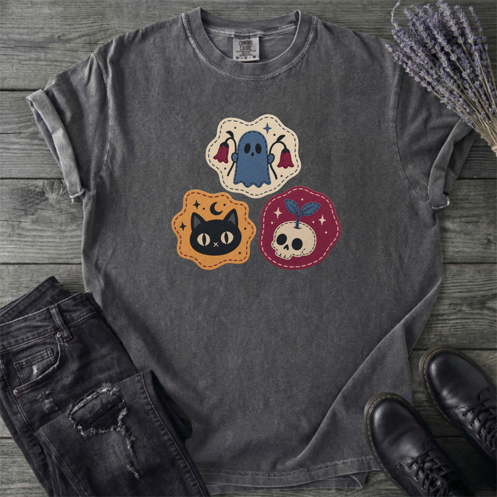 Faux Cat Ghost Skull Patches T-Shirt