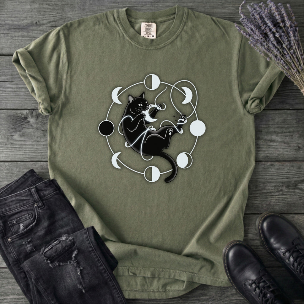 Black Cat Pouncing On Moon Phases T-Shirt