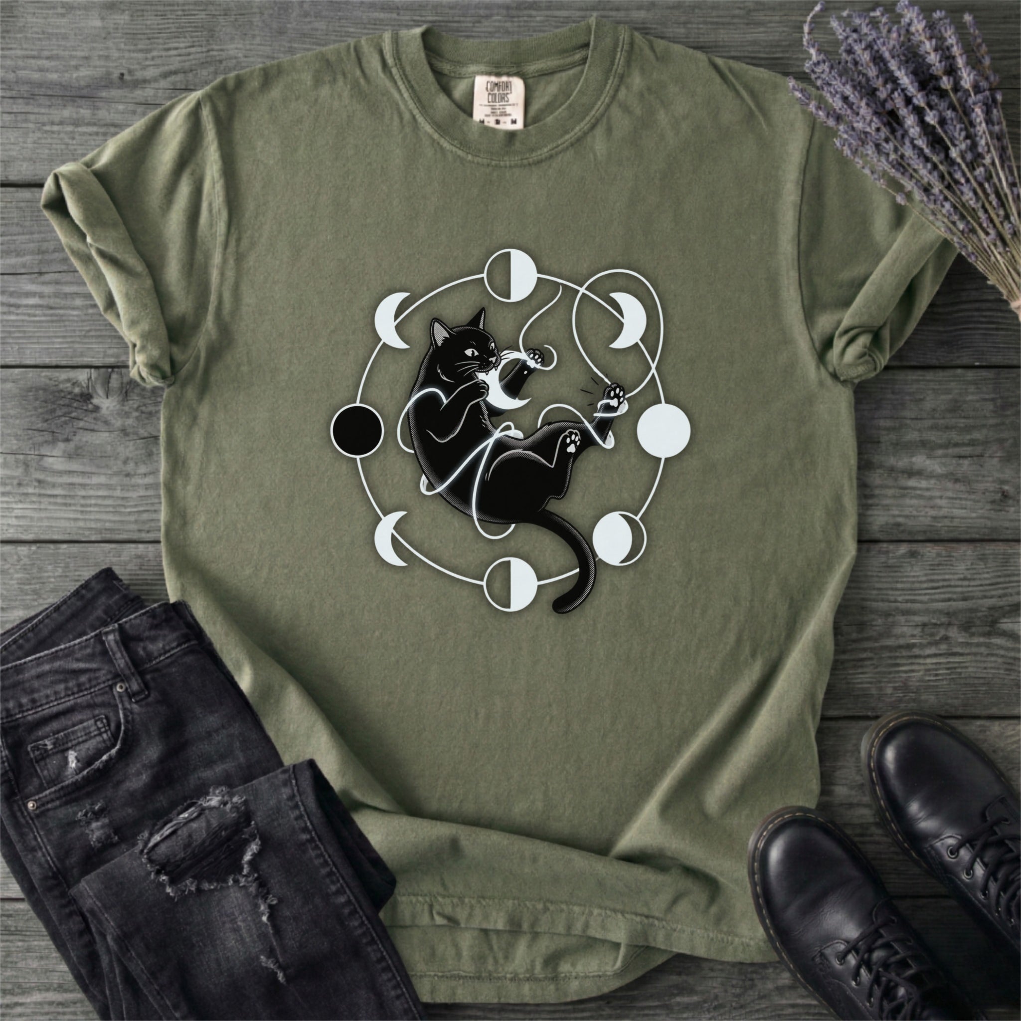 Black Cat Pouncing On Moon Phases T-Shirt