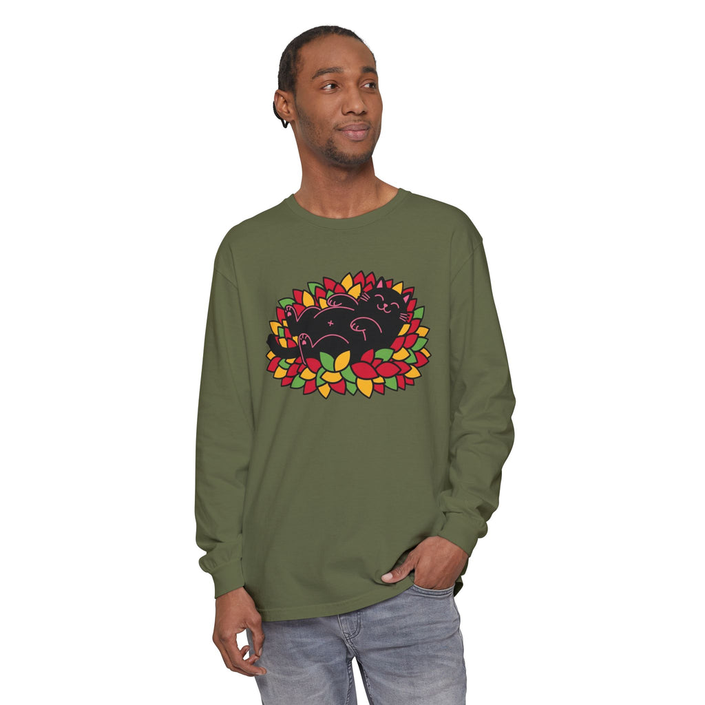 Black Cat Rolling Leaves Long Sleeve T-Shirt