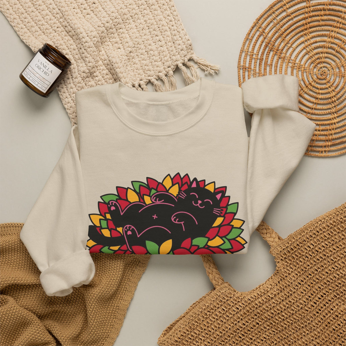 Black Cat Rolling Leaves Sweatshirt