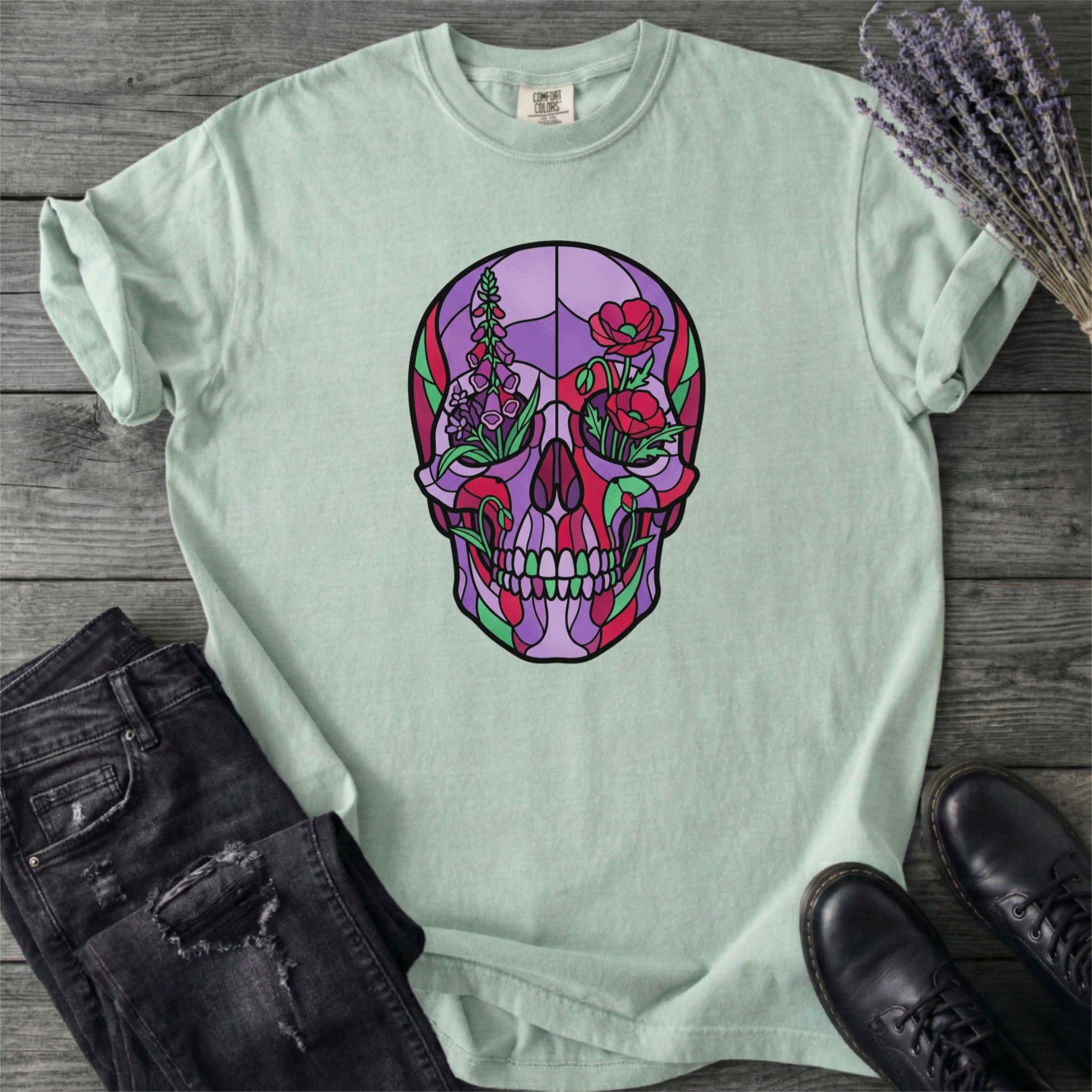 Botanical Stained Glass Skull T-Shirt