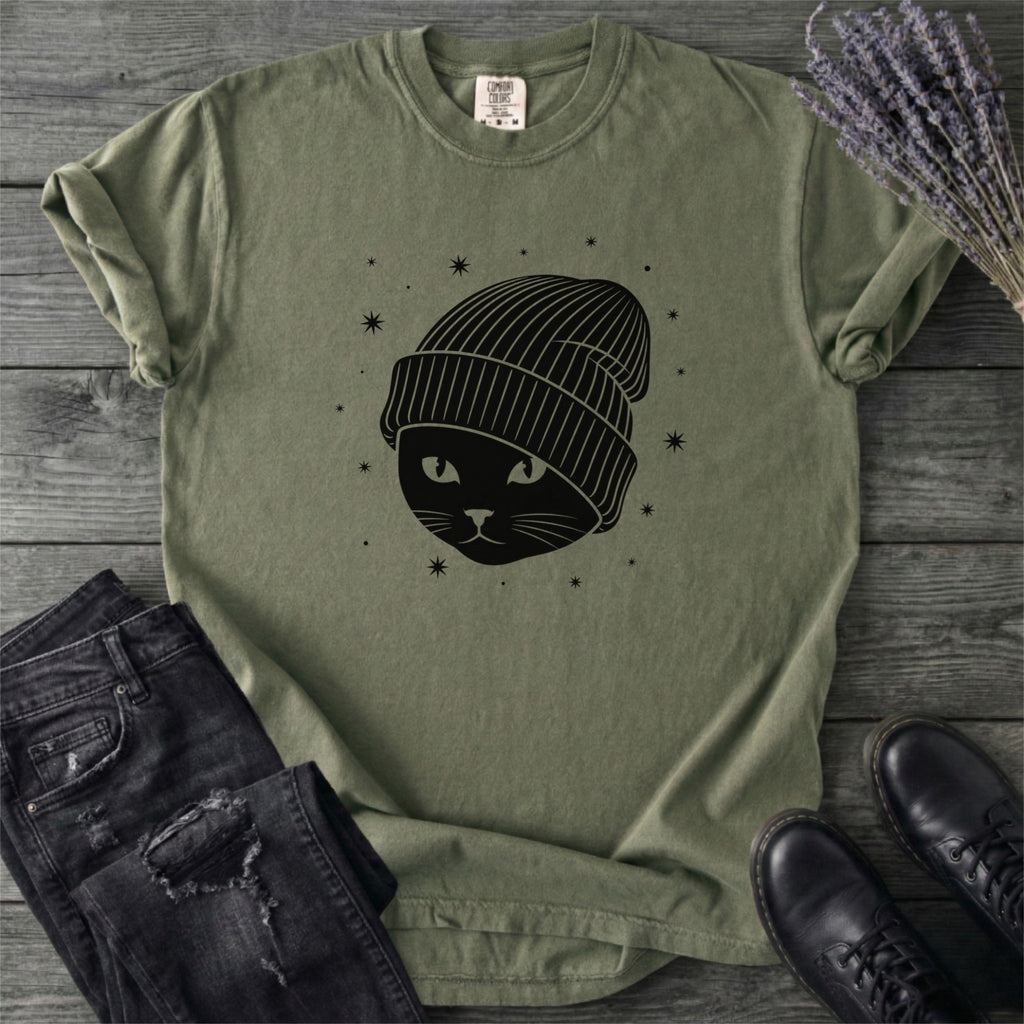 Black Cat Beanie T-Shirt