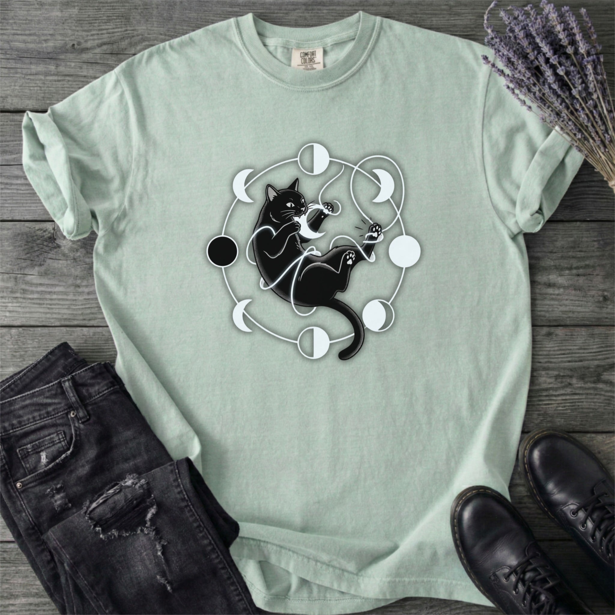 Black Cat Pouncing On Moon Phases T-Shirt