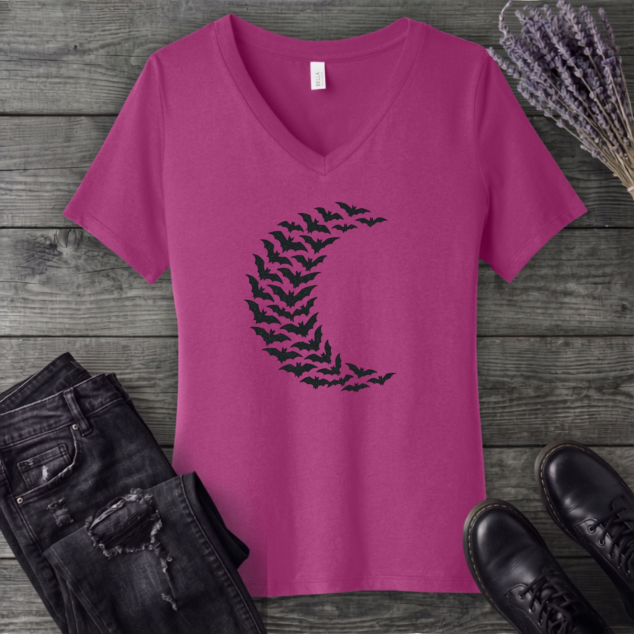 Bat Crescent Moon V-Neck T-Shirt