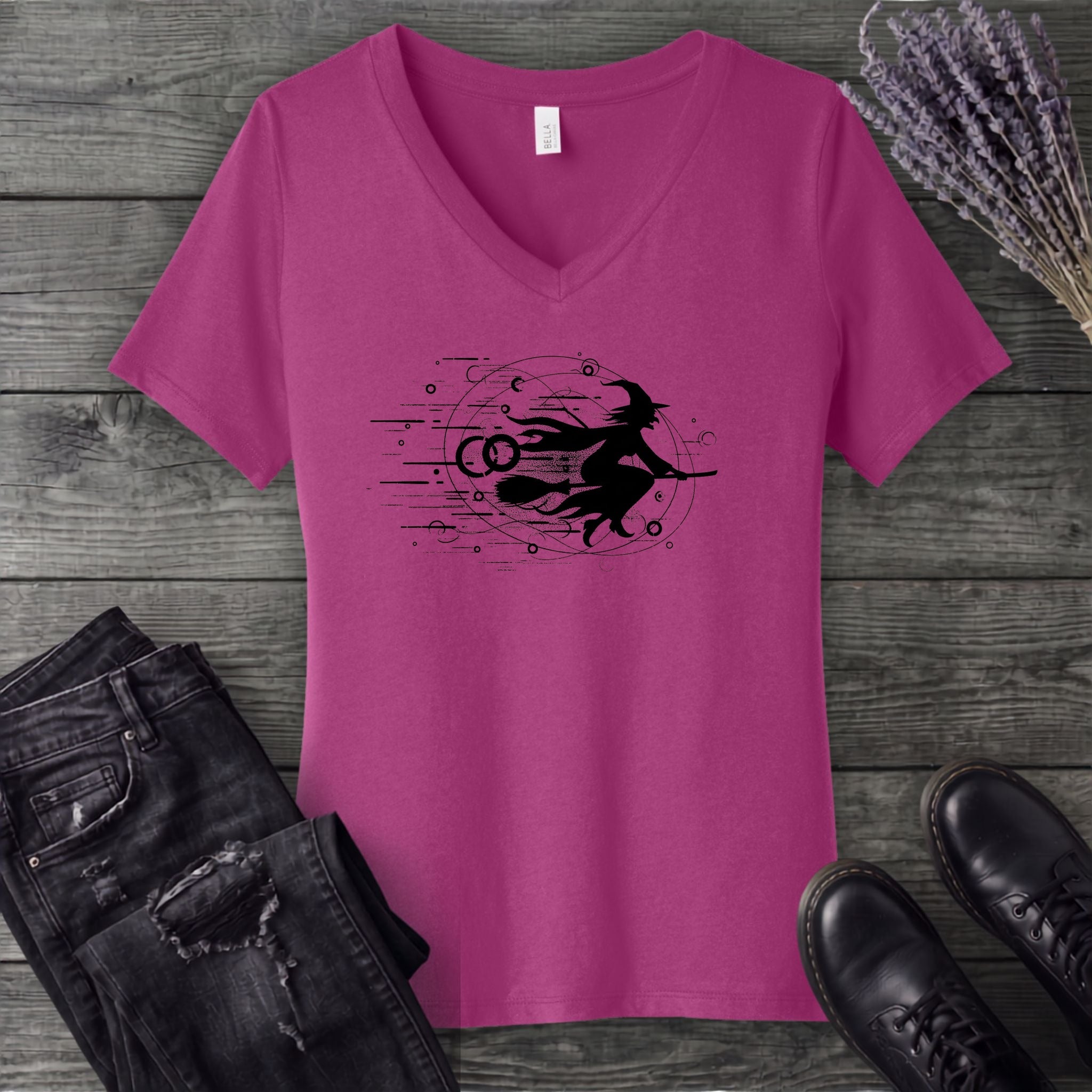 Flying Witch Grunge V-Neck T-Shirt