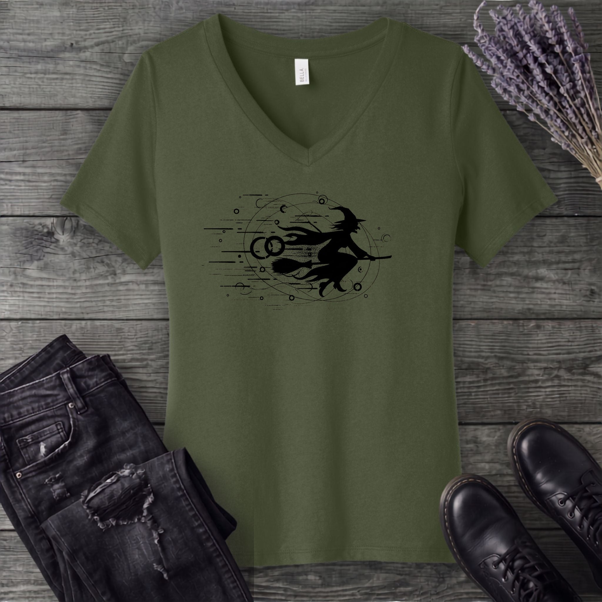 Flying Witch Grunge V-Neck T-Shirt