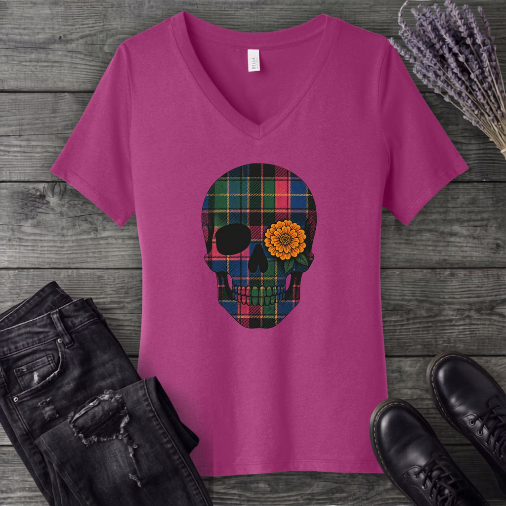 Bright Plaid Skull V-Neck T-Shirt
