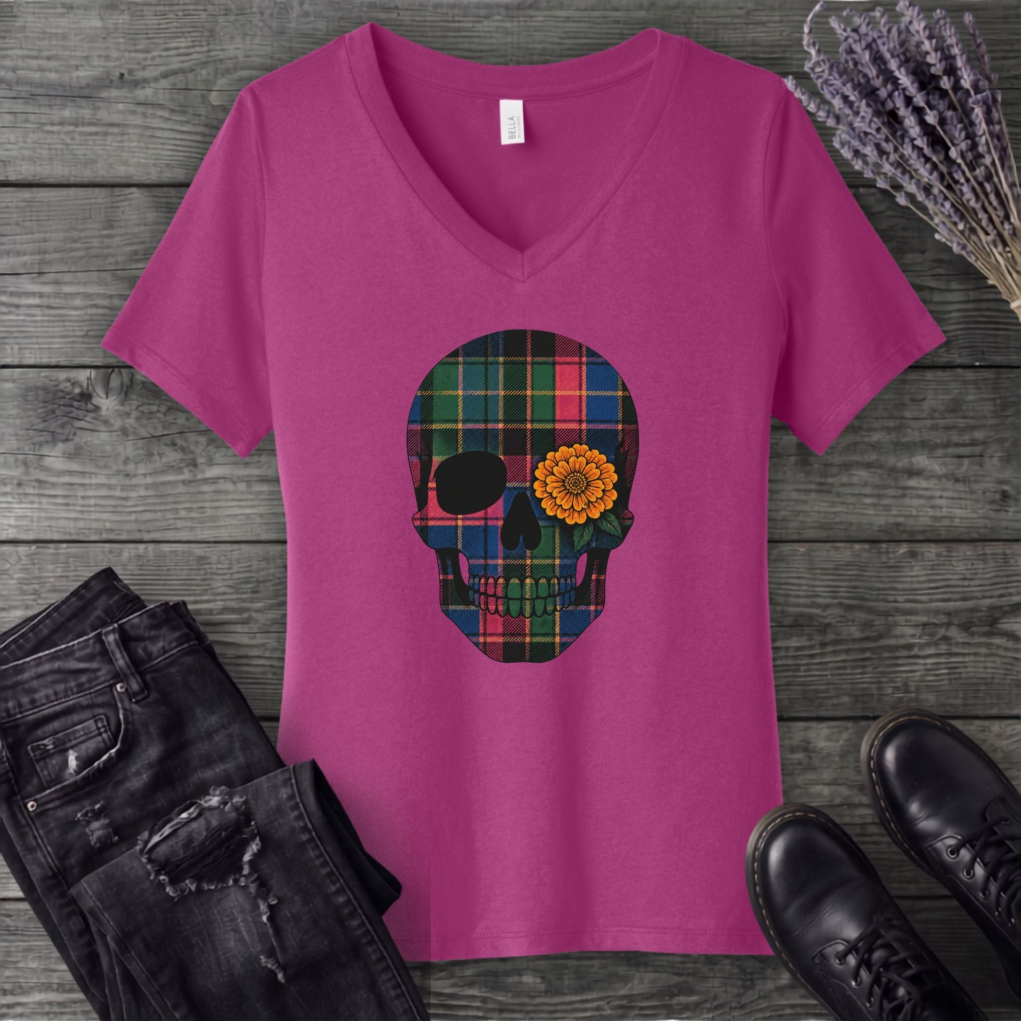 Bright Plaid Skull V-Neck T-Shirt