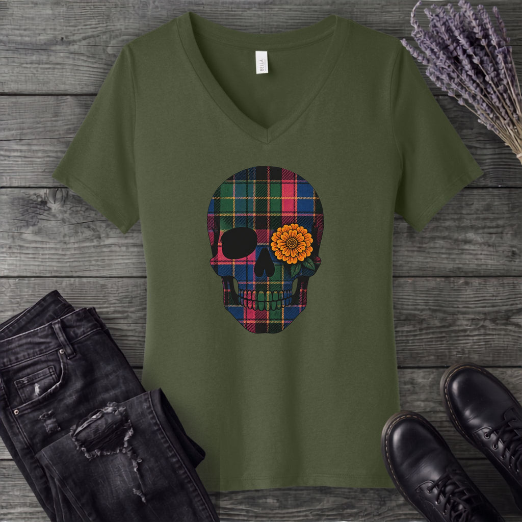 Bright Plaid Skull V-Neck T-Shirt