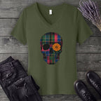 Bright Plaid Skull V-Neck T-Shirt