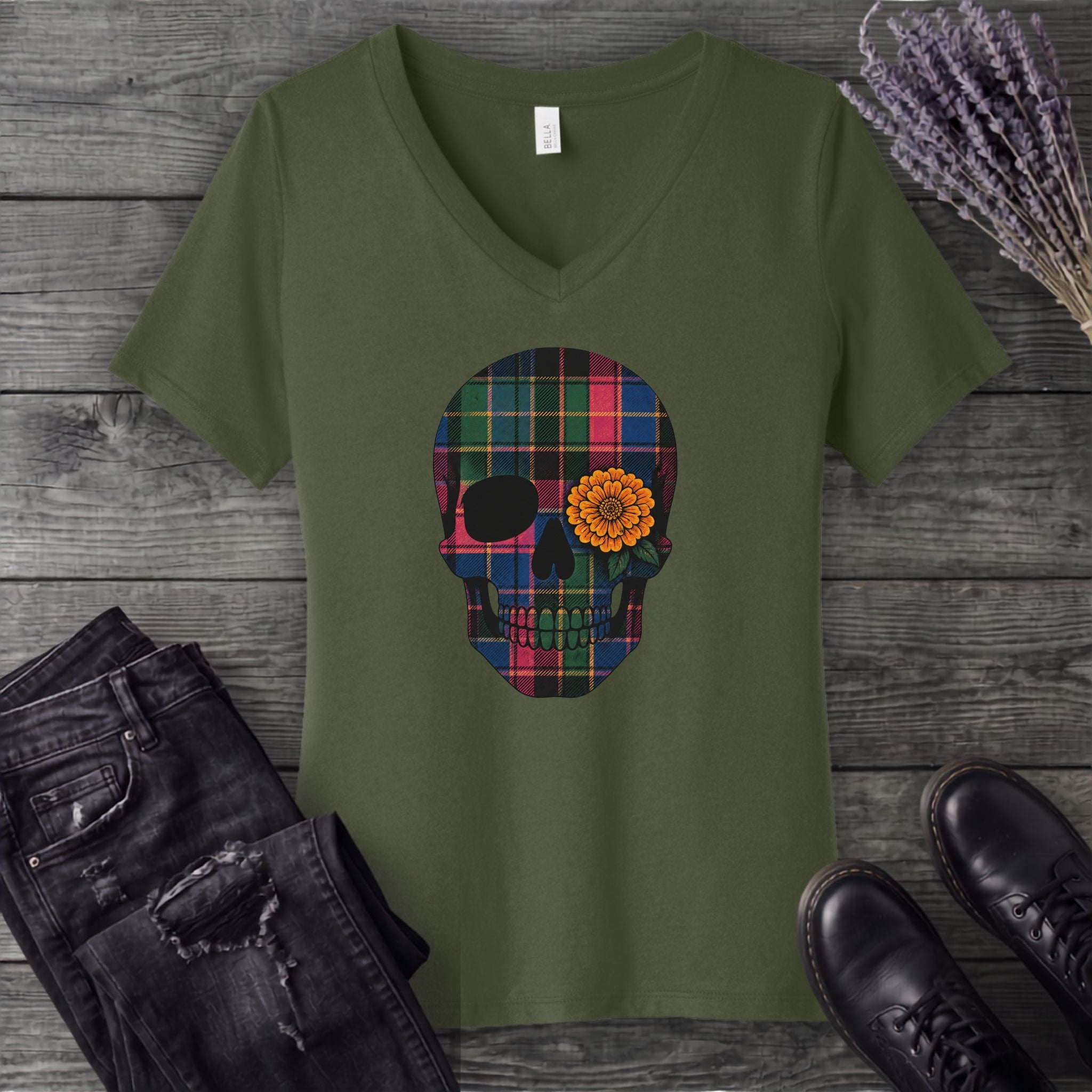 Bright Plaid Skull V-Neck T-Shirt
