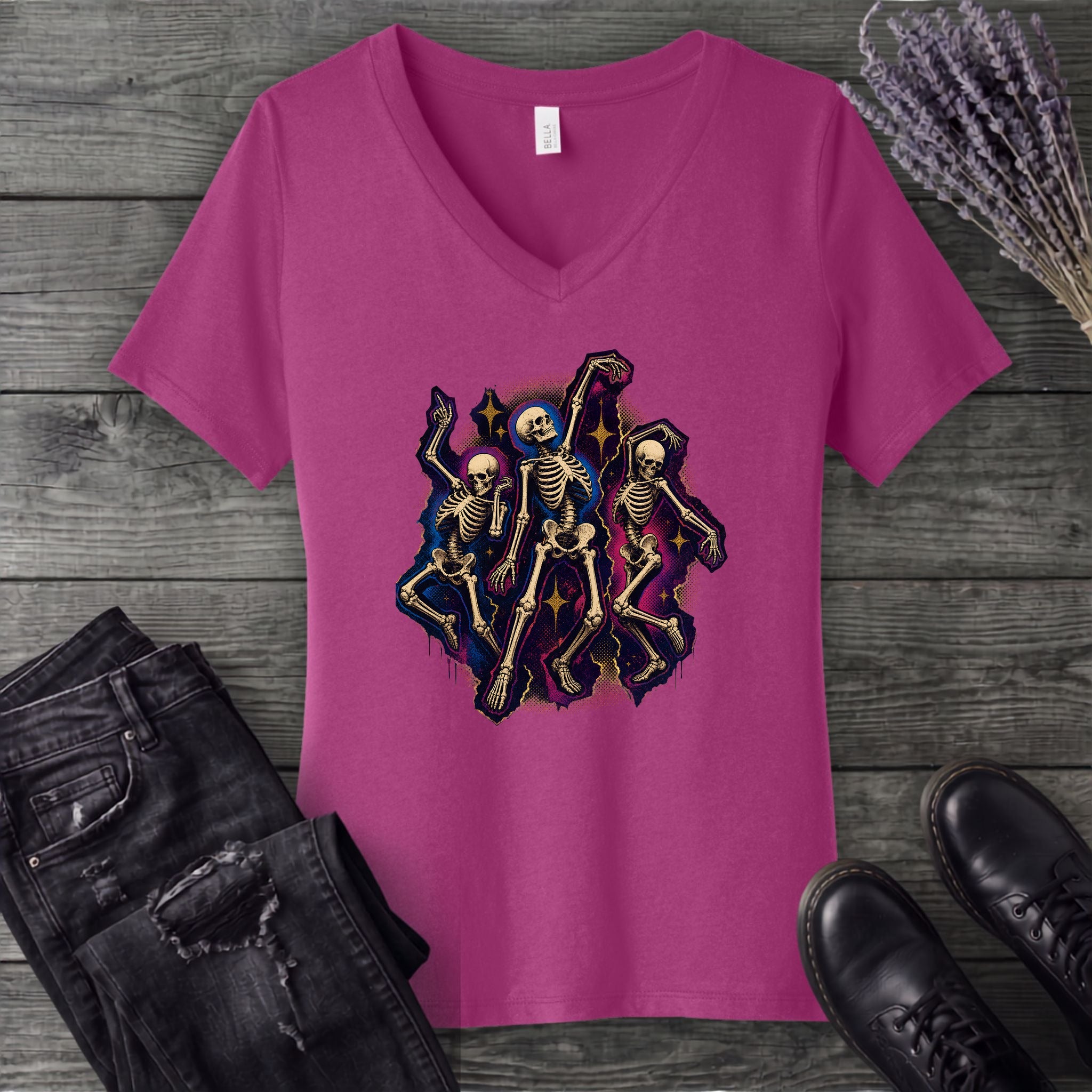 Textured Dancing Skeletons V-Neck T-Shirt