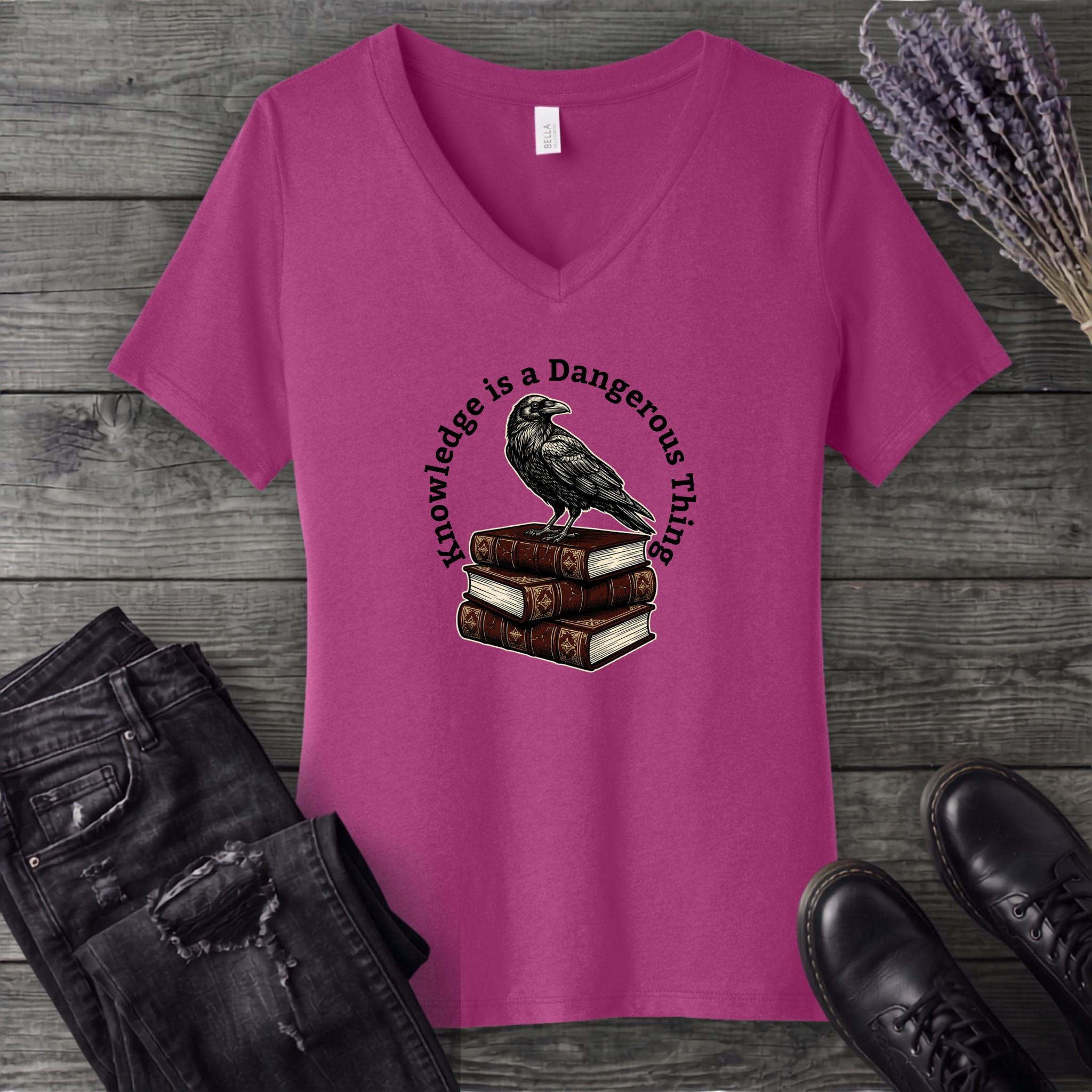 Knowledge is a Dangerous Thing Raven and Books V-Neck T-Shirt