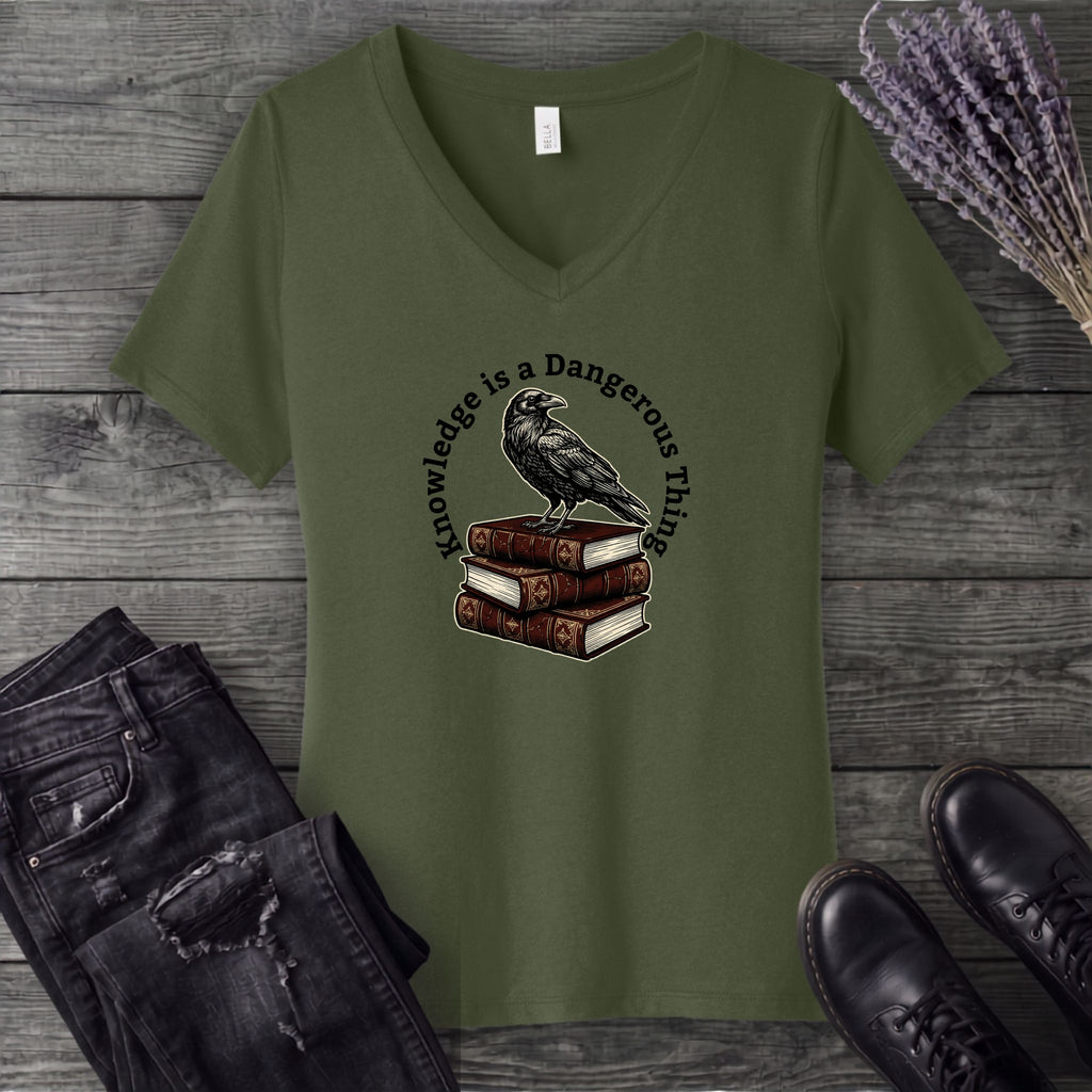 Knowledge is a Dangerous Thing Raven and Books V-Neck T-Shirt