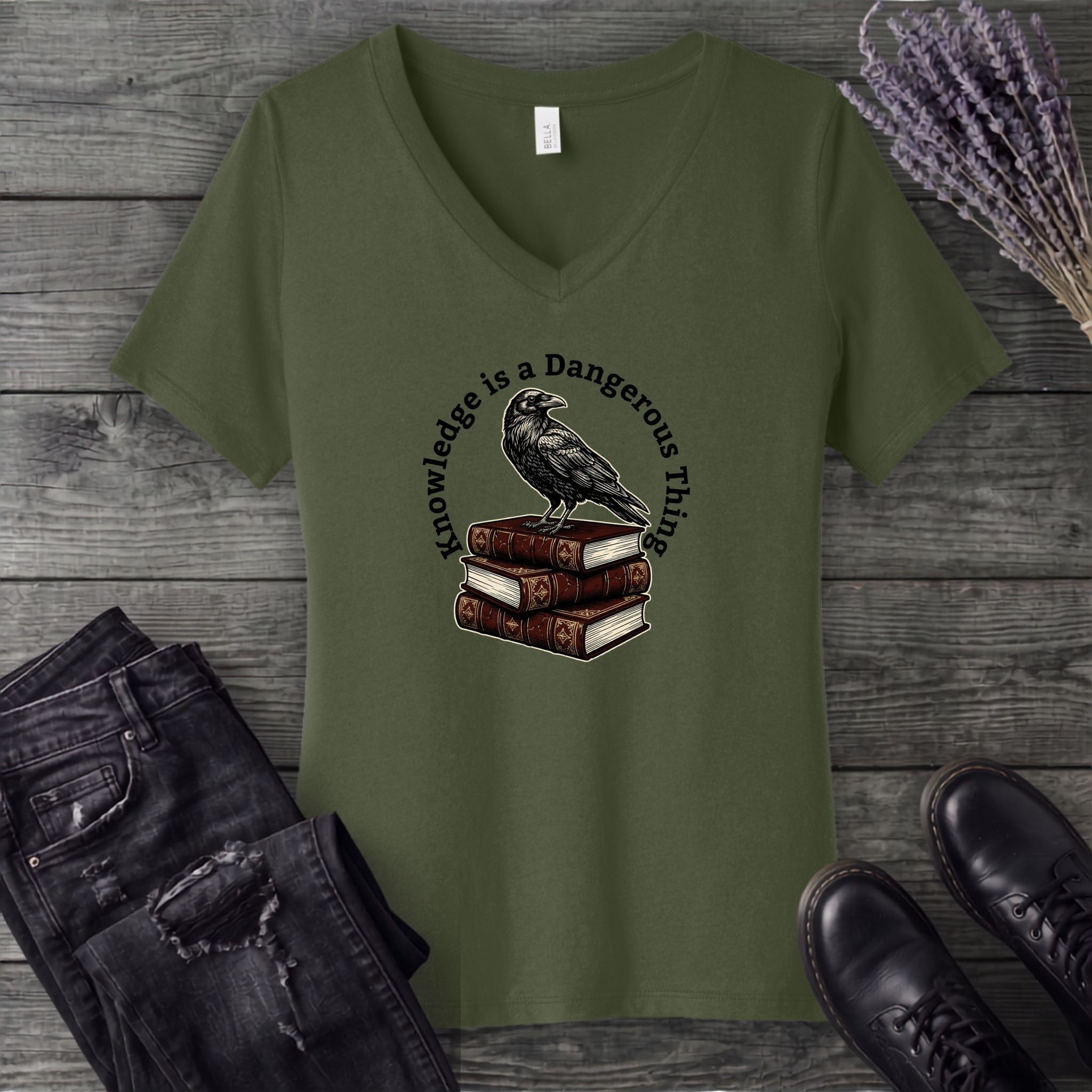 Knowledge is a Dangerous Thing Raven and Books V-Neck T-Shirt