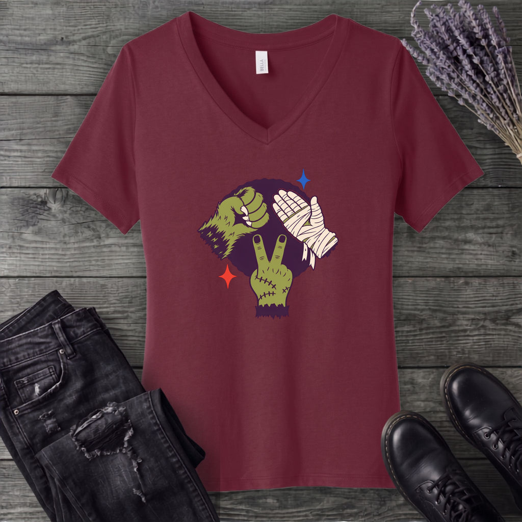 Classic Monster Rock Paper Scissor Game V-Neck T-Shirt
