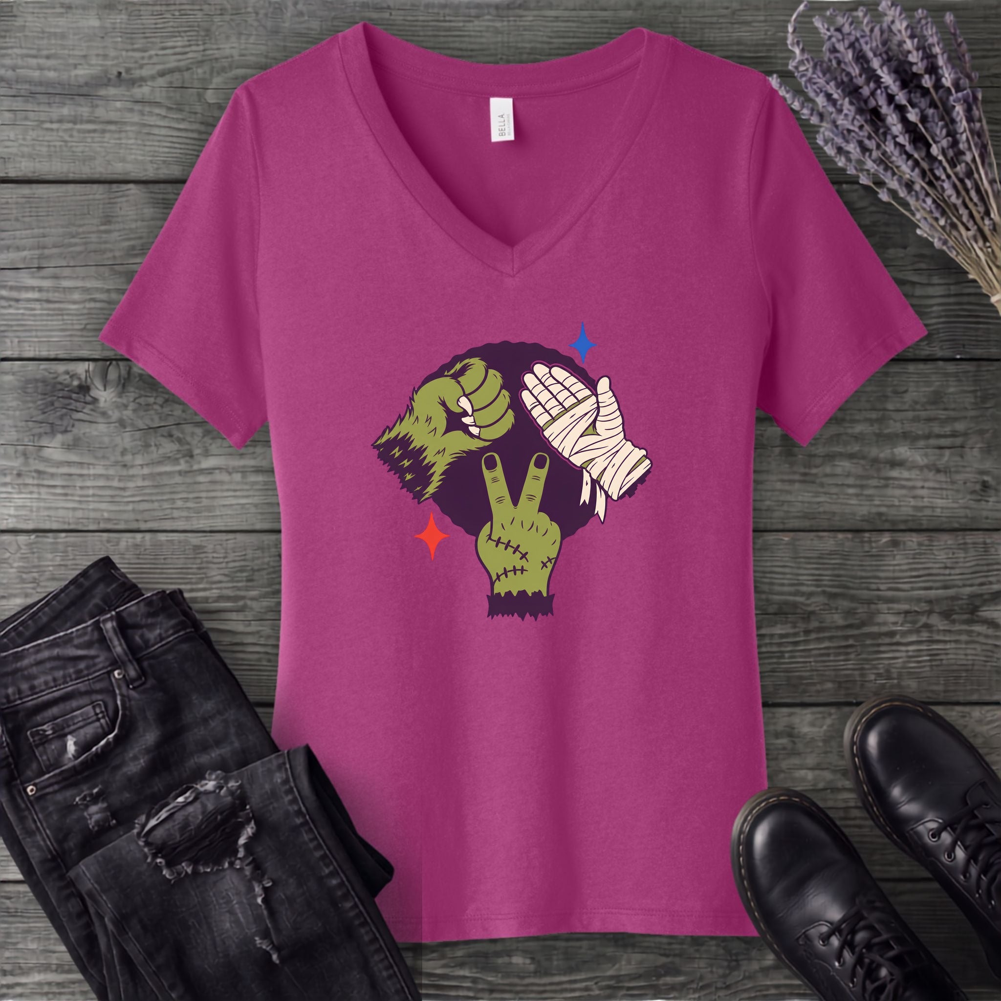 Classic Monster Rock Paper Scissor Game V-Neck T-Shirt