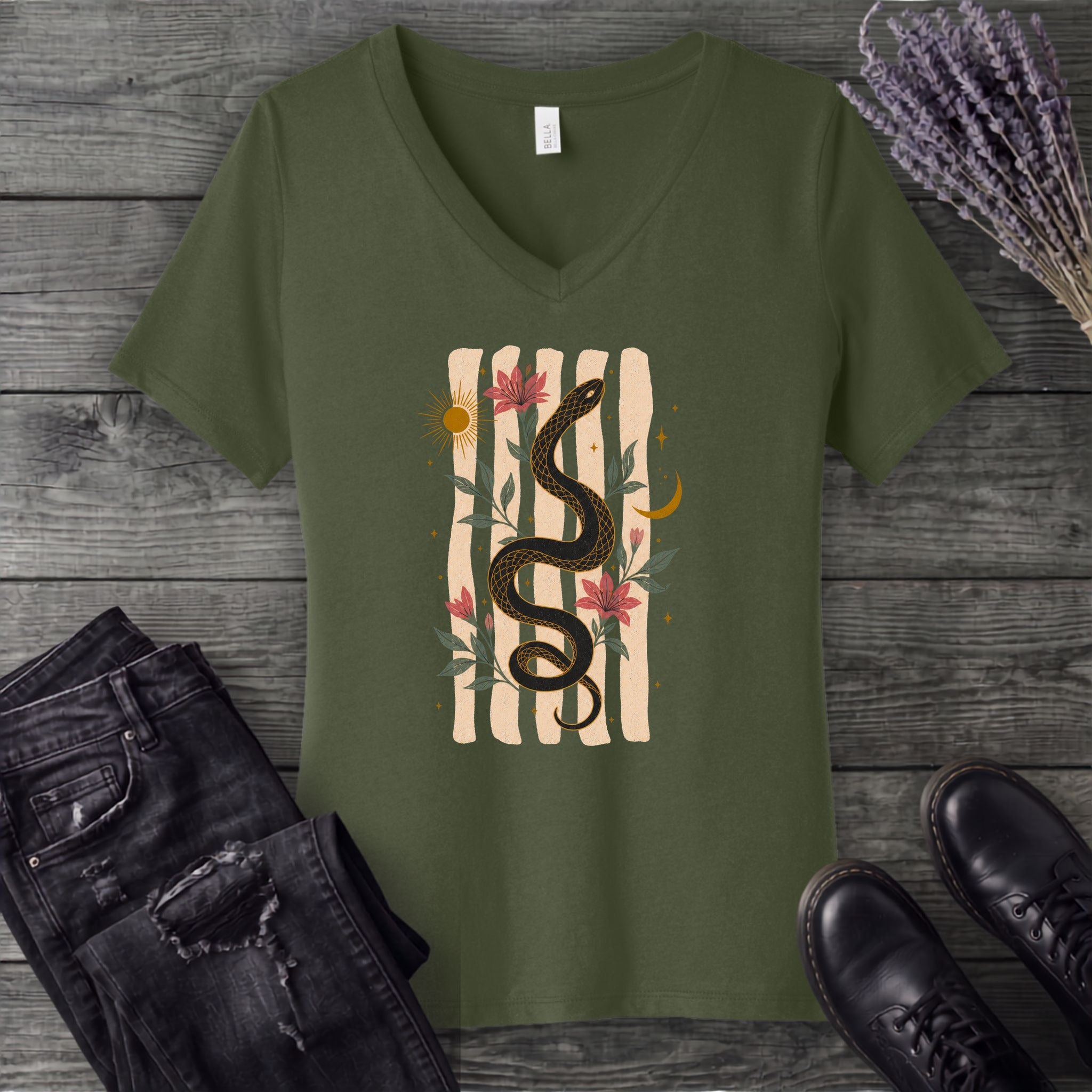 Serpent In Bloom V-Neck T-Shirt