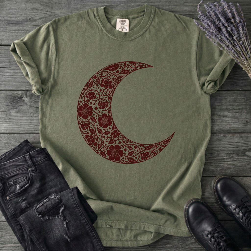 Burgundy Linocut Floral Crescent Moon T-Shirt