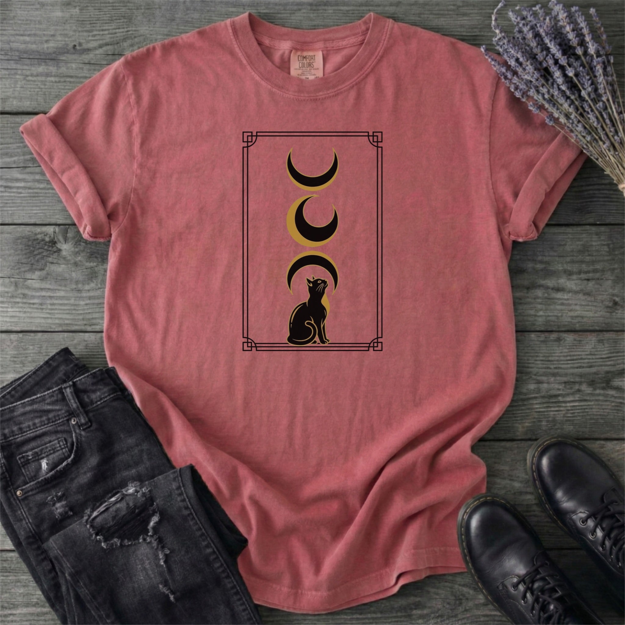 Art Deco Black Cat Moon Phases T-Shirt