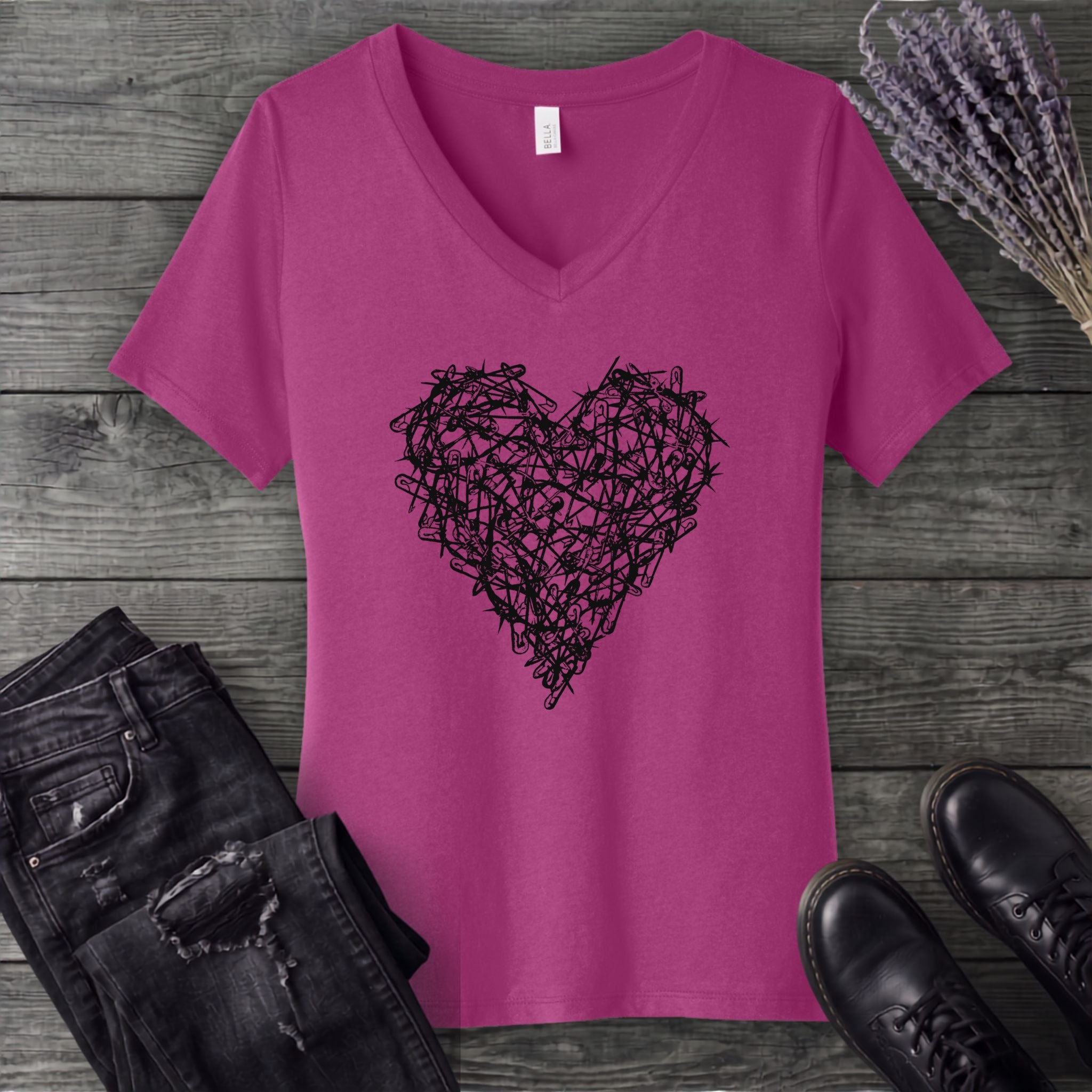 Safety Pin Heart V-Neck T-Shirt