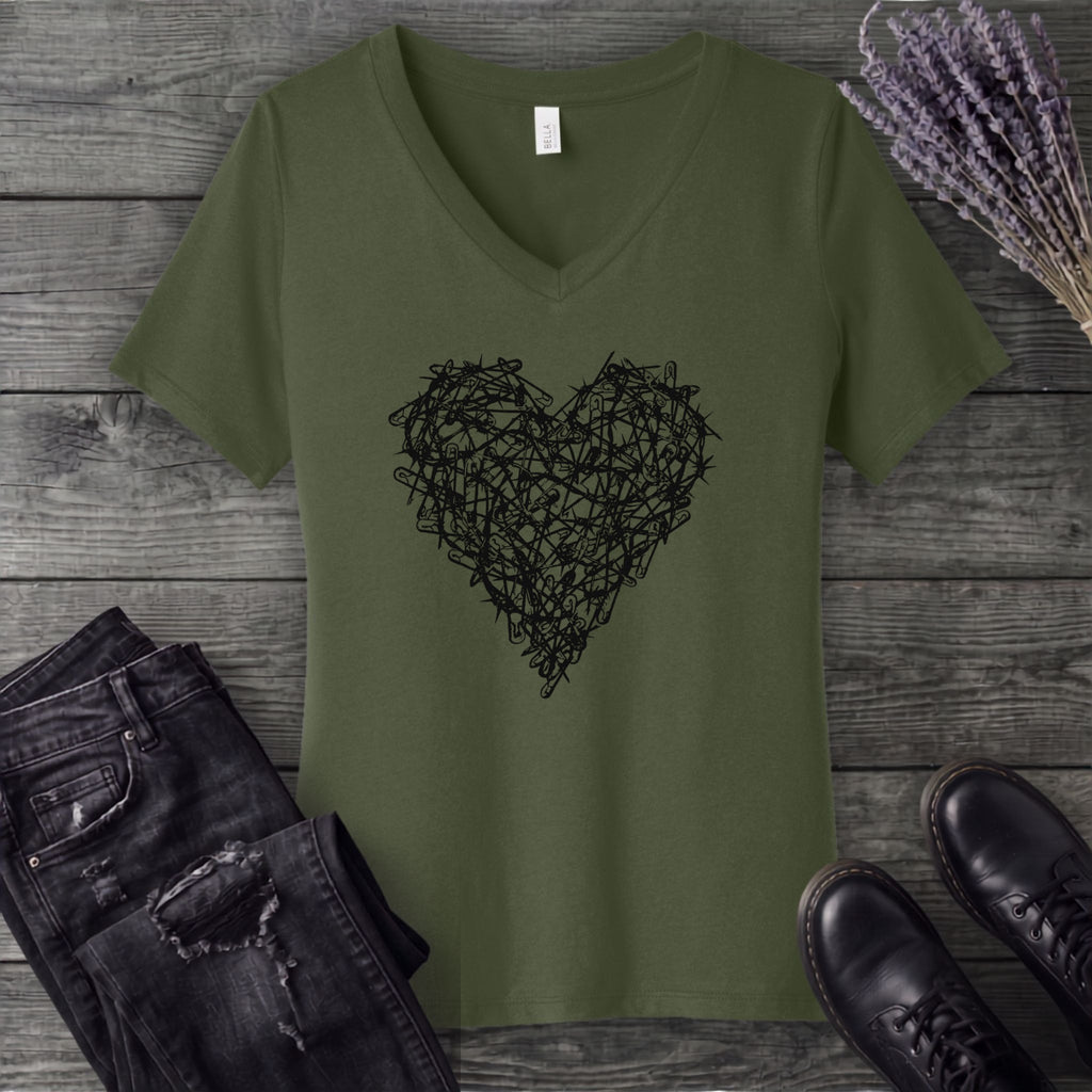 Safety Pin Heart V-Neck T-Shirt