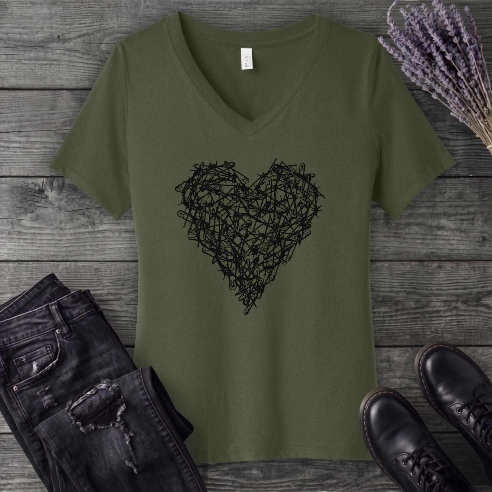 Safety Pin Heart V-Neck T-Shirt