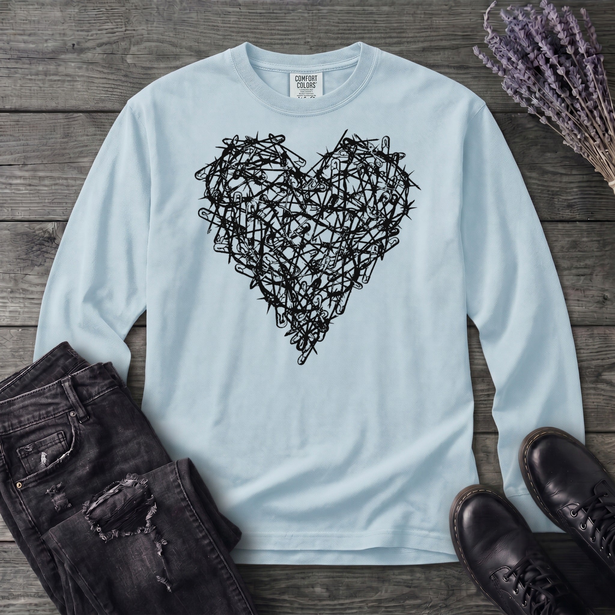 Safety Pin Heart Long Sleeve T-Shirt