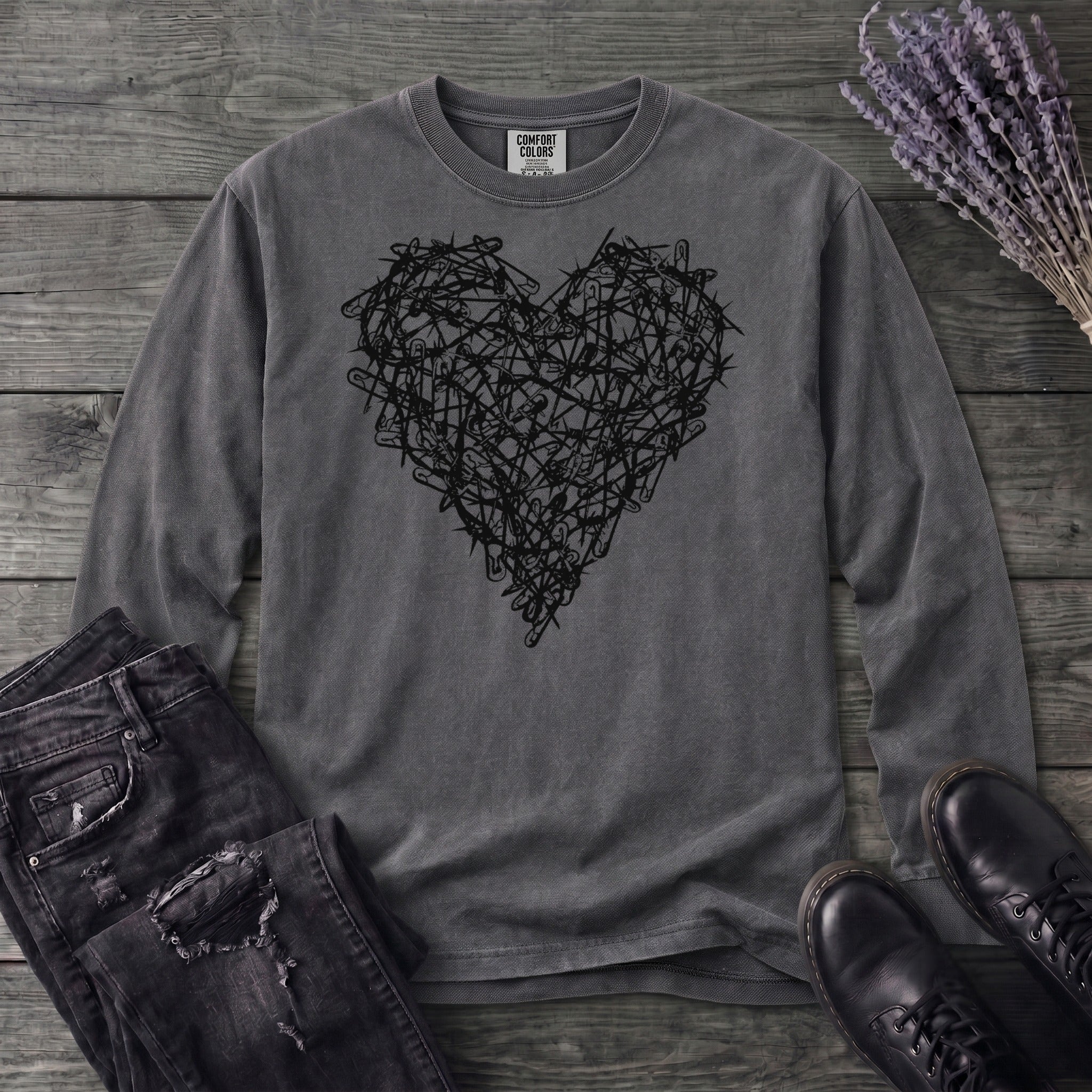 Safety Pin Heart Long Sleeve T-Shirt