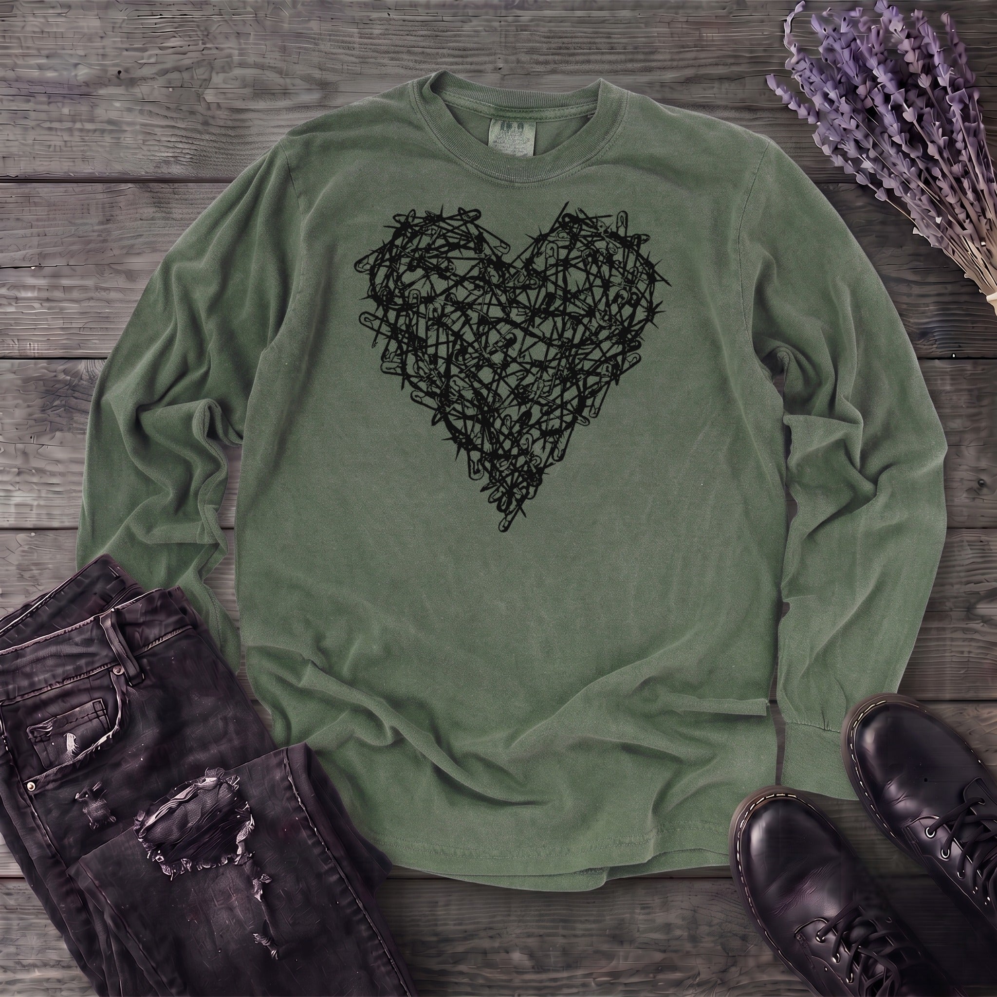 Safety Pin Heart Long Sleeve T-Shirt