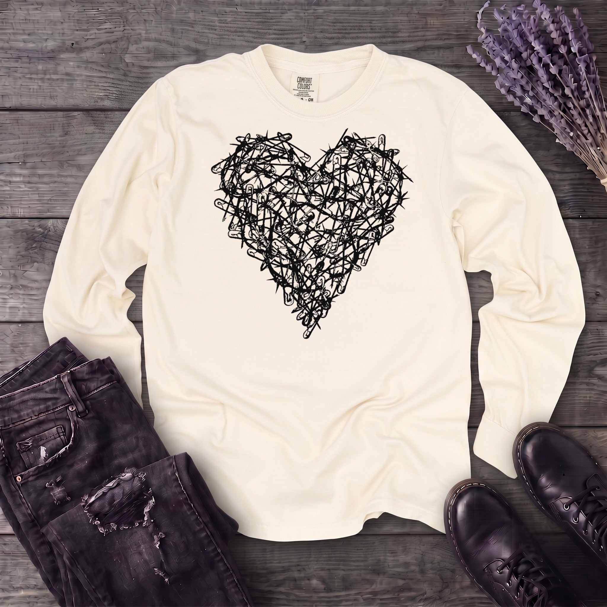Safety Pin Heart Long Sleeve T-Shirt