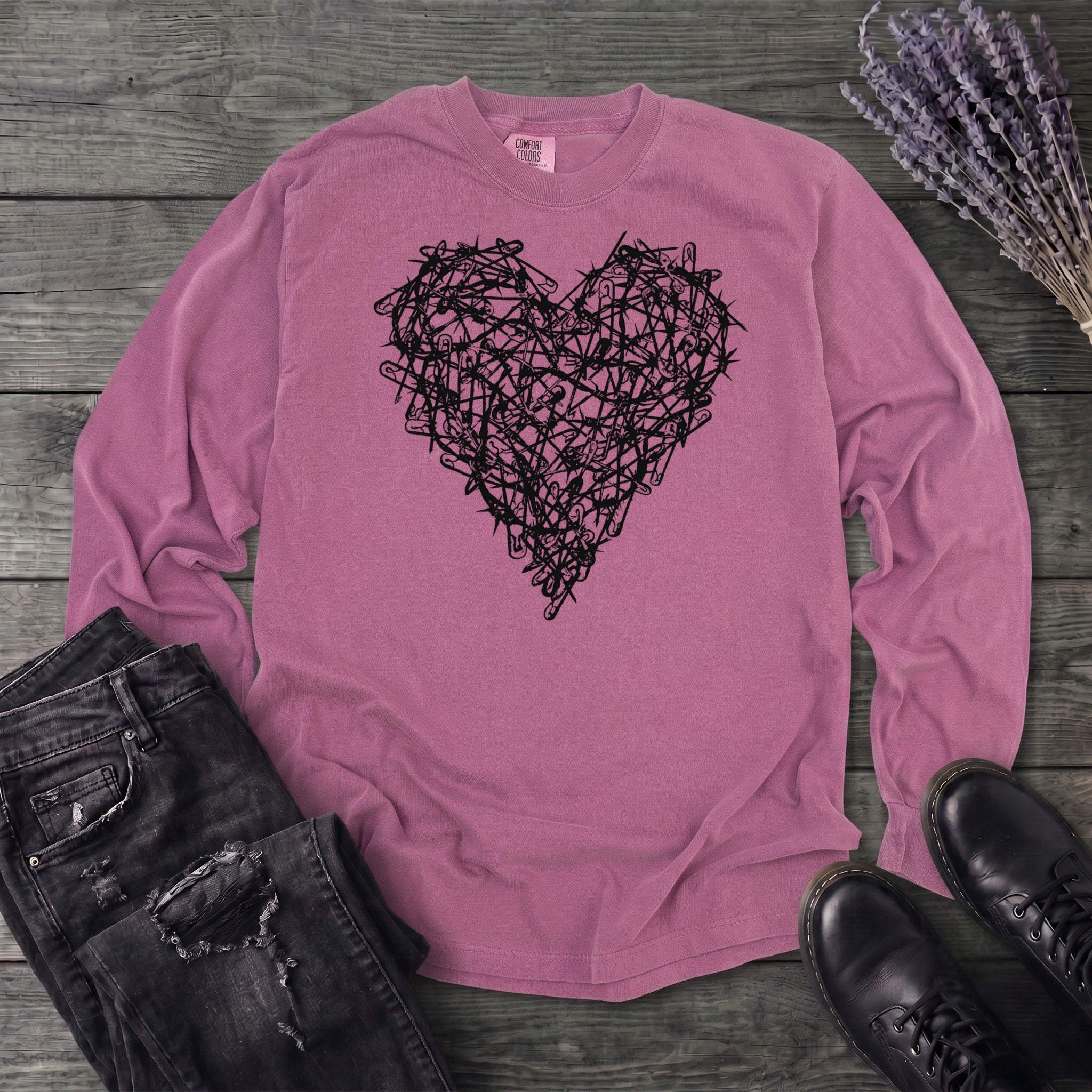 Safety Pin Heart Long Sleeve T-Shirt