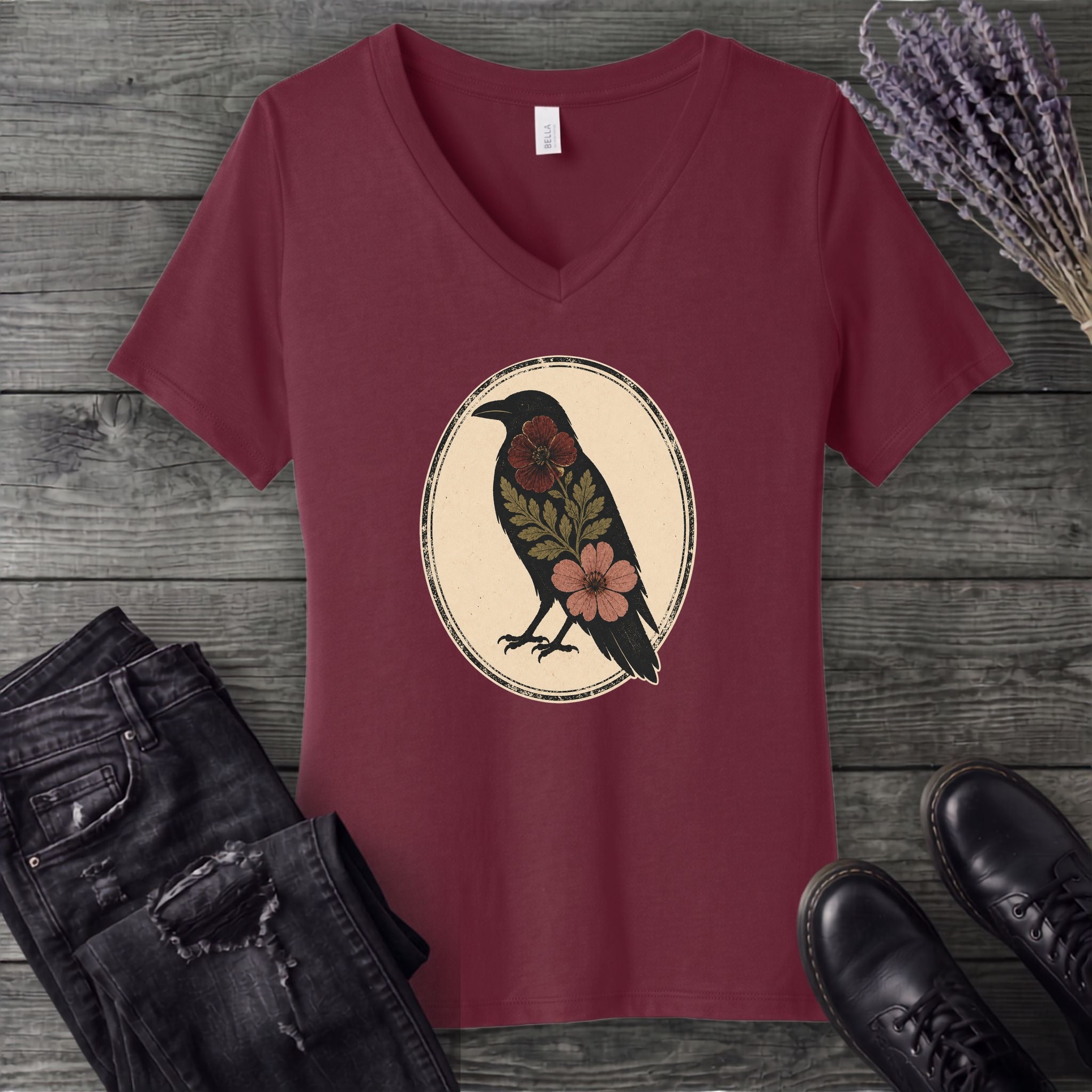Pressed Flower Crow V-Neck T-Shirt