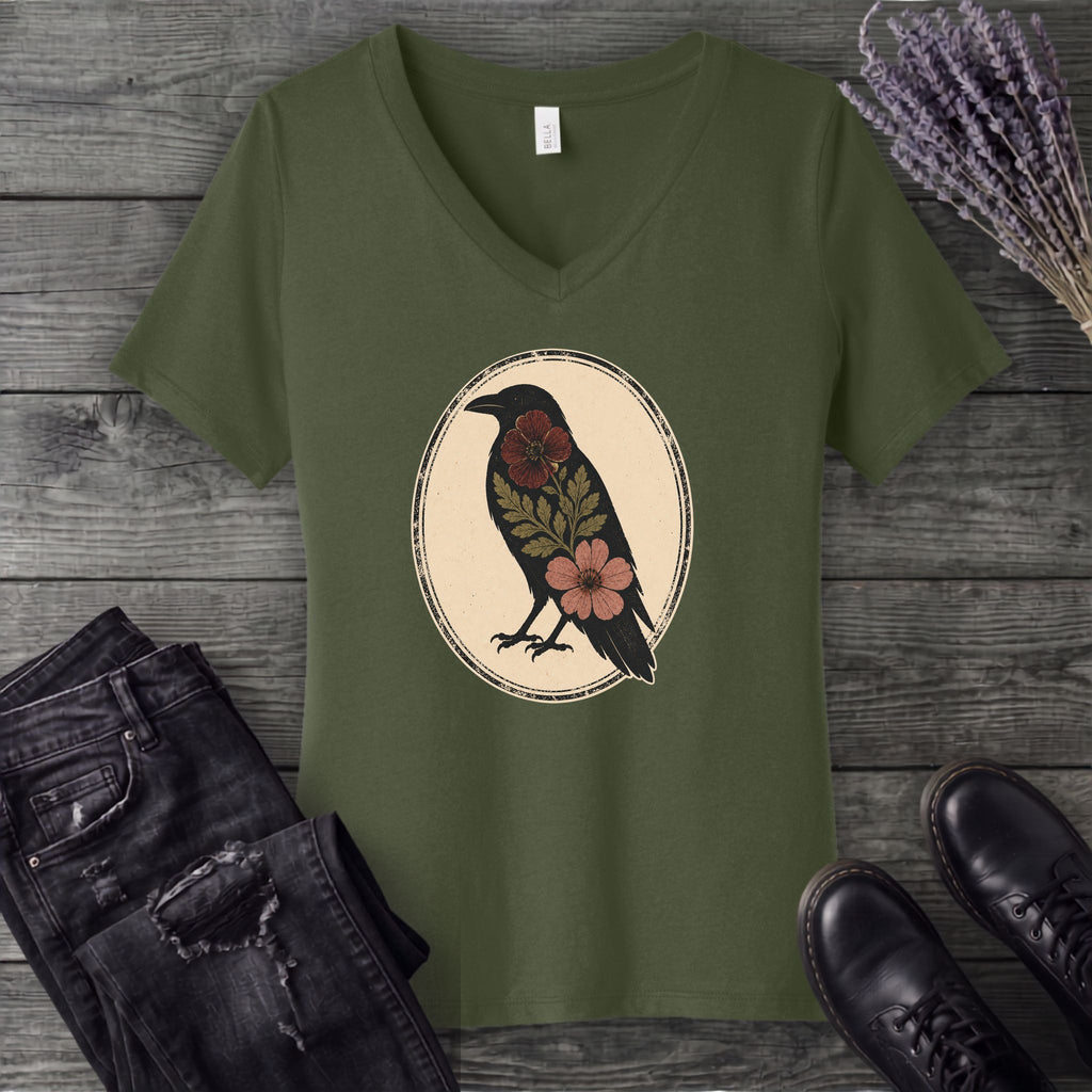 Pressed Flower Crow V-Neck T-Shirt