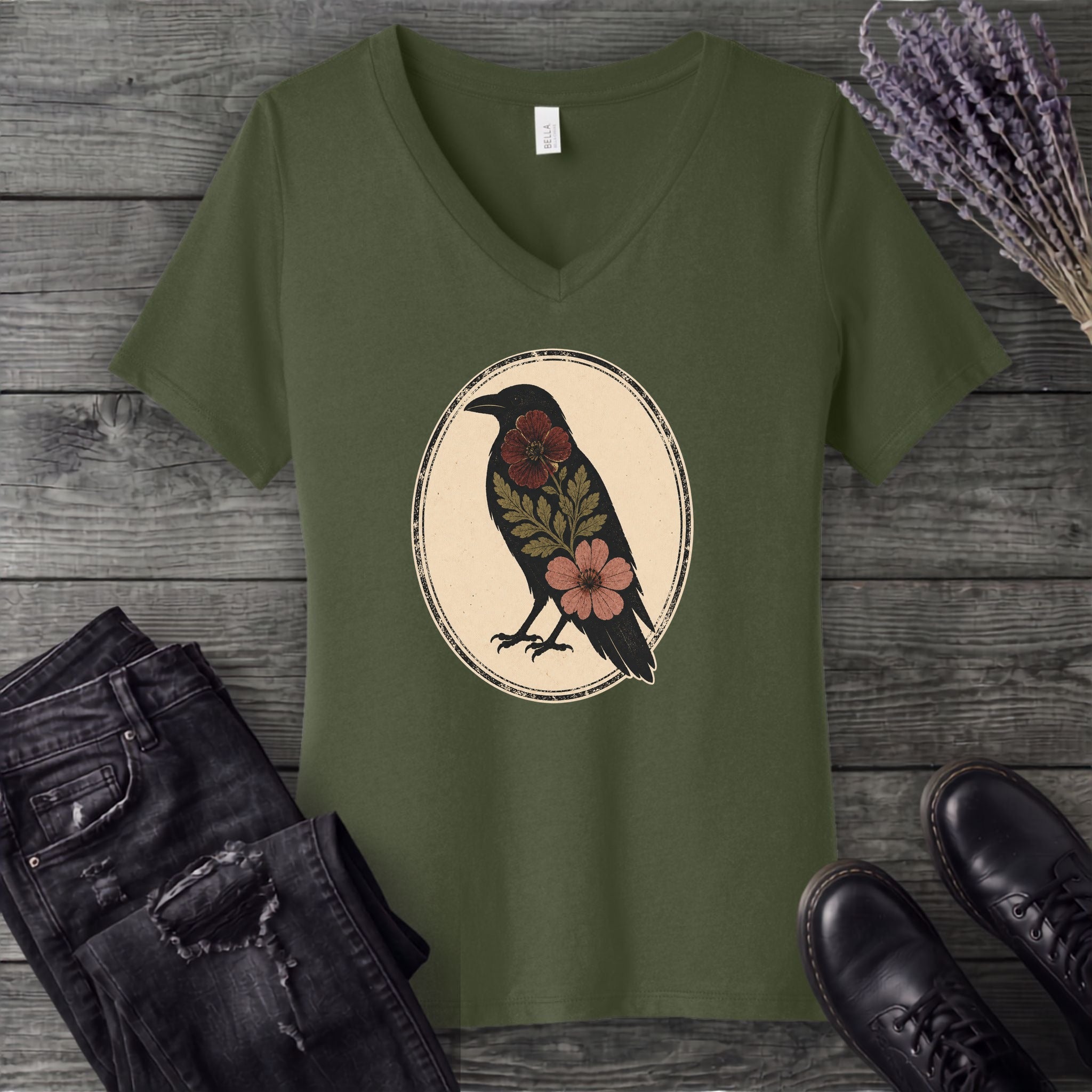 Pressed Flower Crow V-Neck T-Shirt