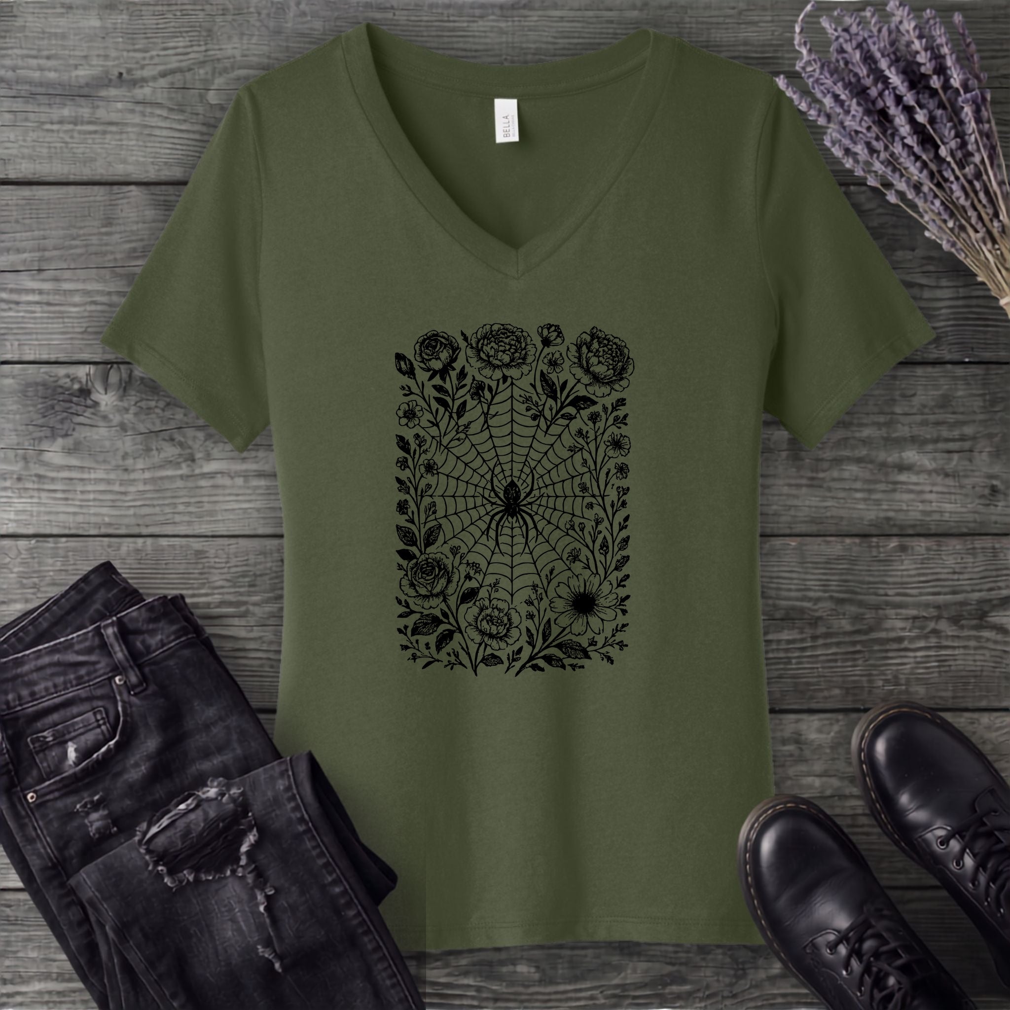 Flower Spiderweb V-Neck T-Shirt