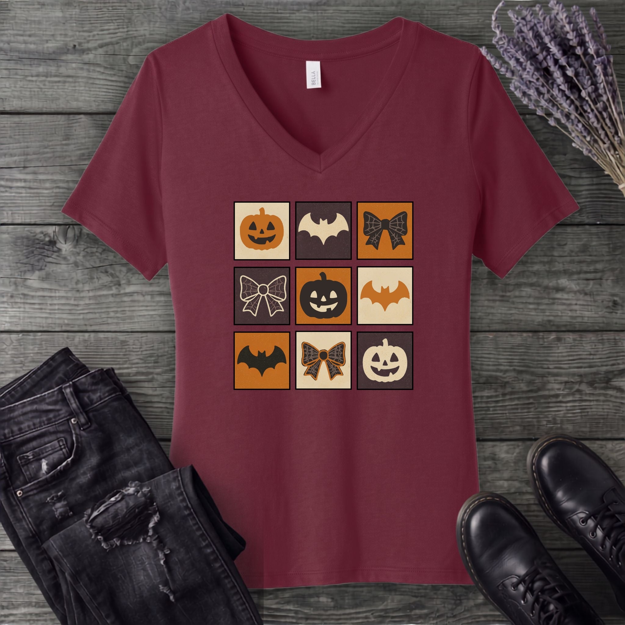 Grid Pumpkin Bow Bat V-Neck T-Shirt