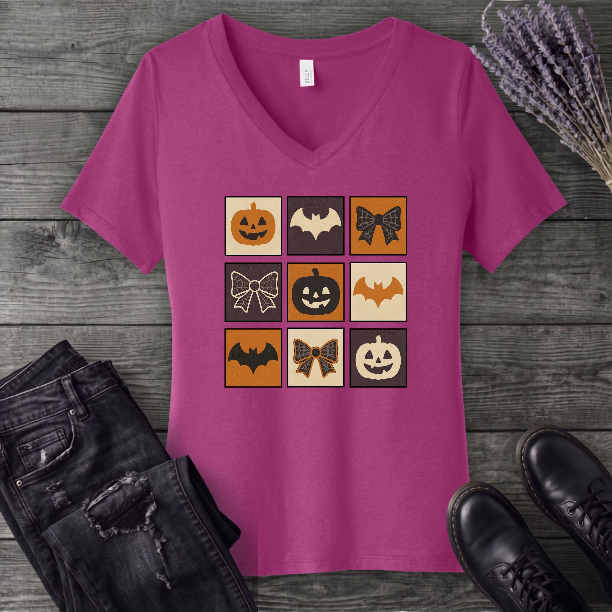 Grid Pumpkin Bow Bat V-Neck T-Shirt