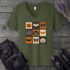 Grid Pumpkin Bow Bat V-Neck T-Shirt