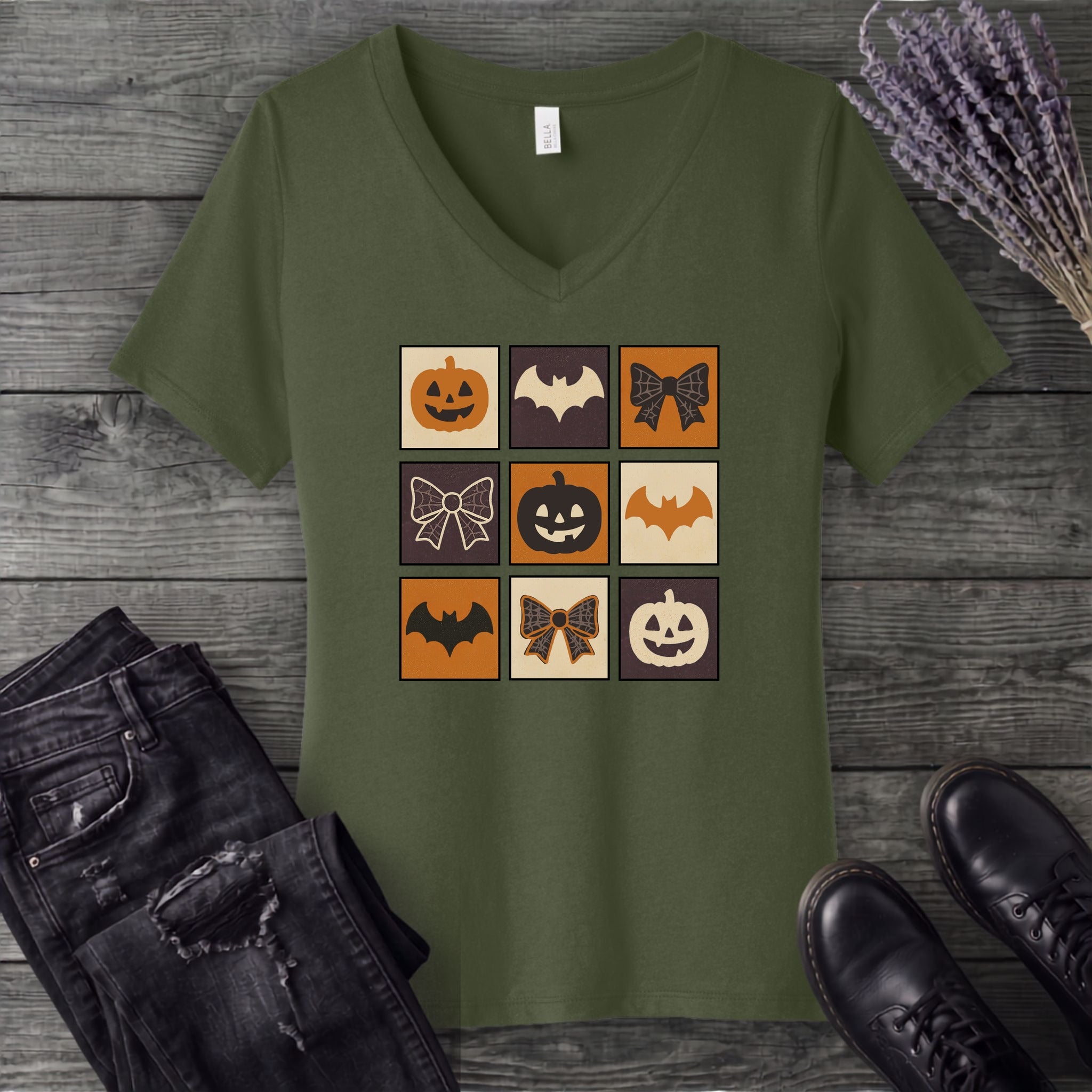 Grid Pumpkin Bow Bat V-Neck T-Shirt
