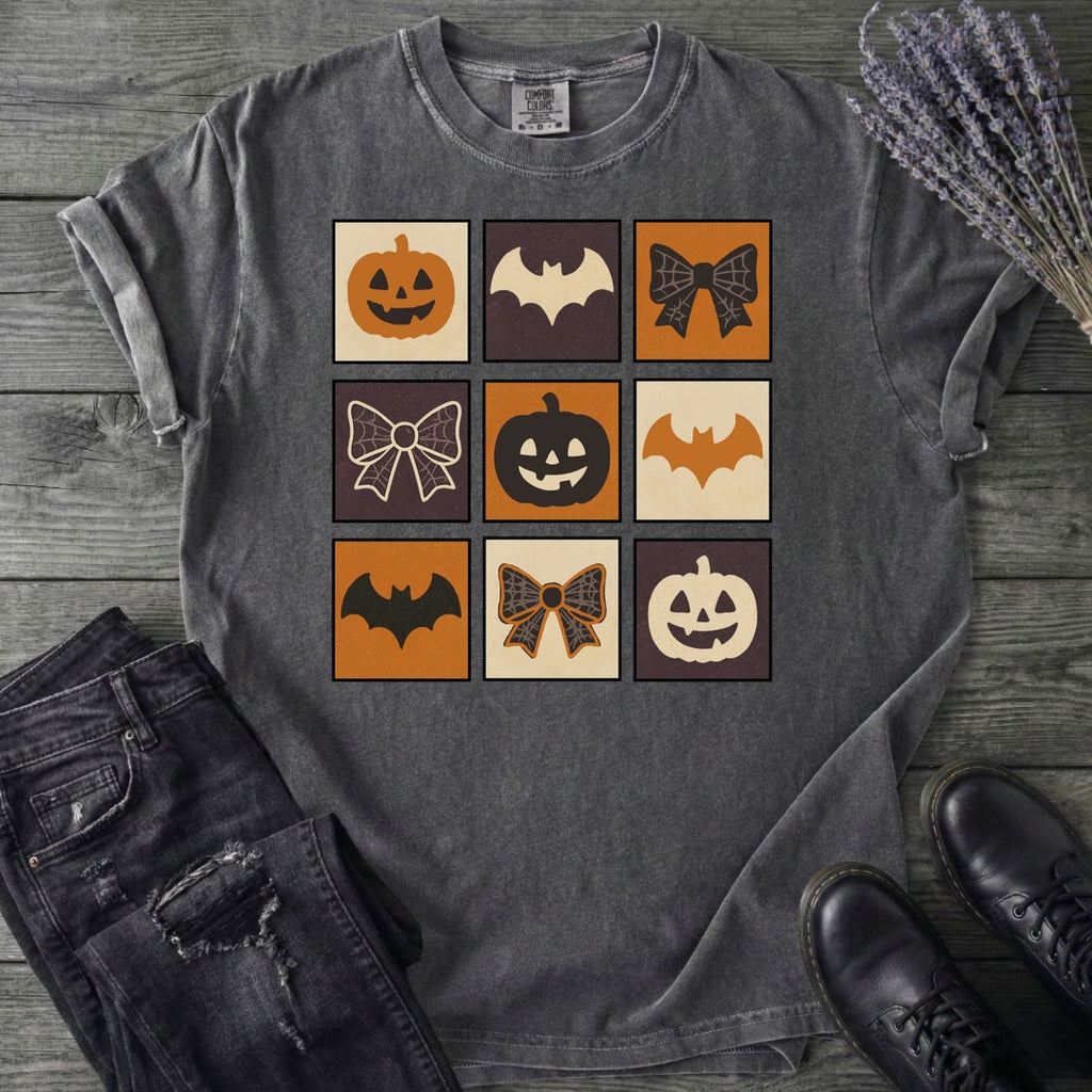 Grid Pumpkin Bow Bat T-Shirt